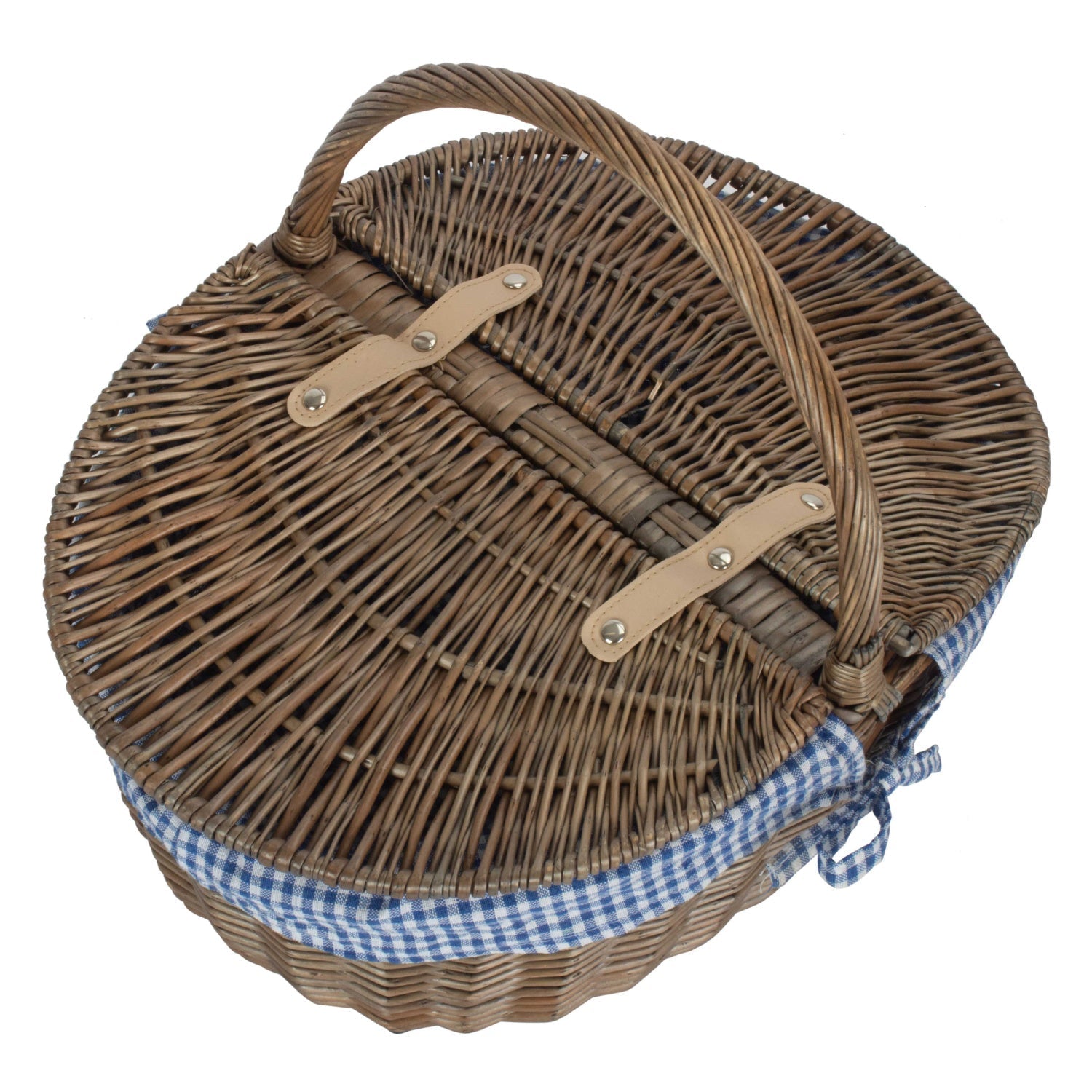 Antique Wash Finish Willow Oval Picnic Basket with Blue & White Checked Lining - REGN