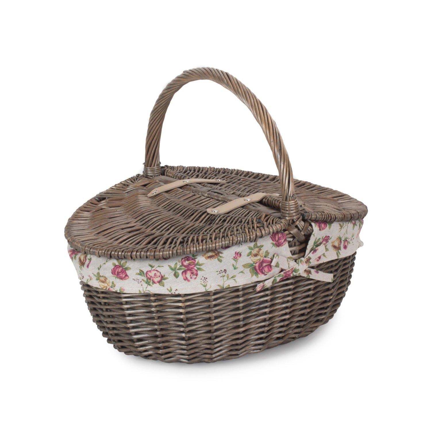 Antique Wash Finish Willow Oval Picnic Basket with Garden Rose Lining - REGN