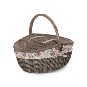 Antique Wash Finish Willow Oval Picnic Basket with Garden Rose Lining - REGN