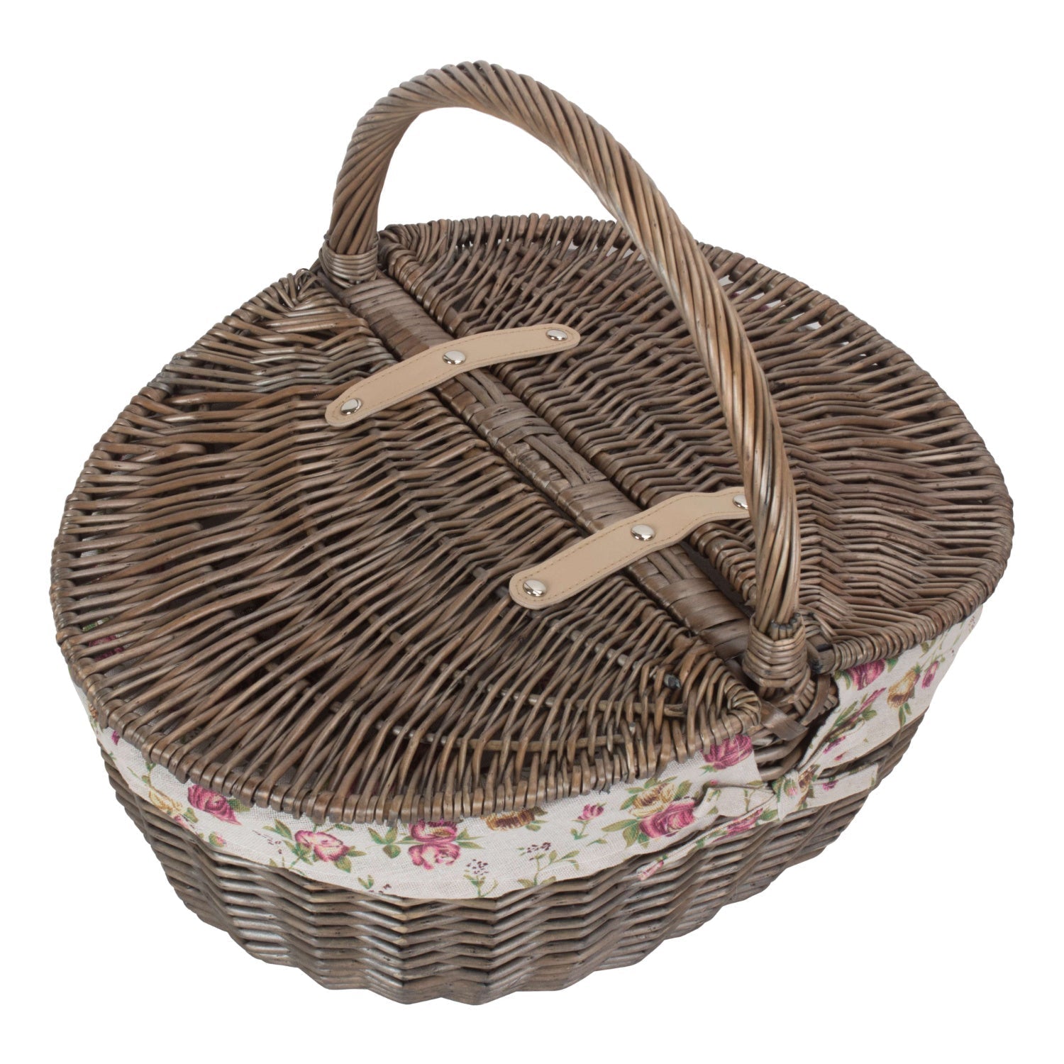 Antique Wash Finish Willow Oval Picnic Basket with Garden Rose Lining - REGN