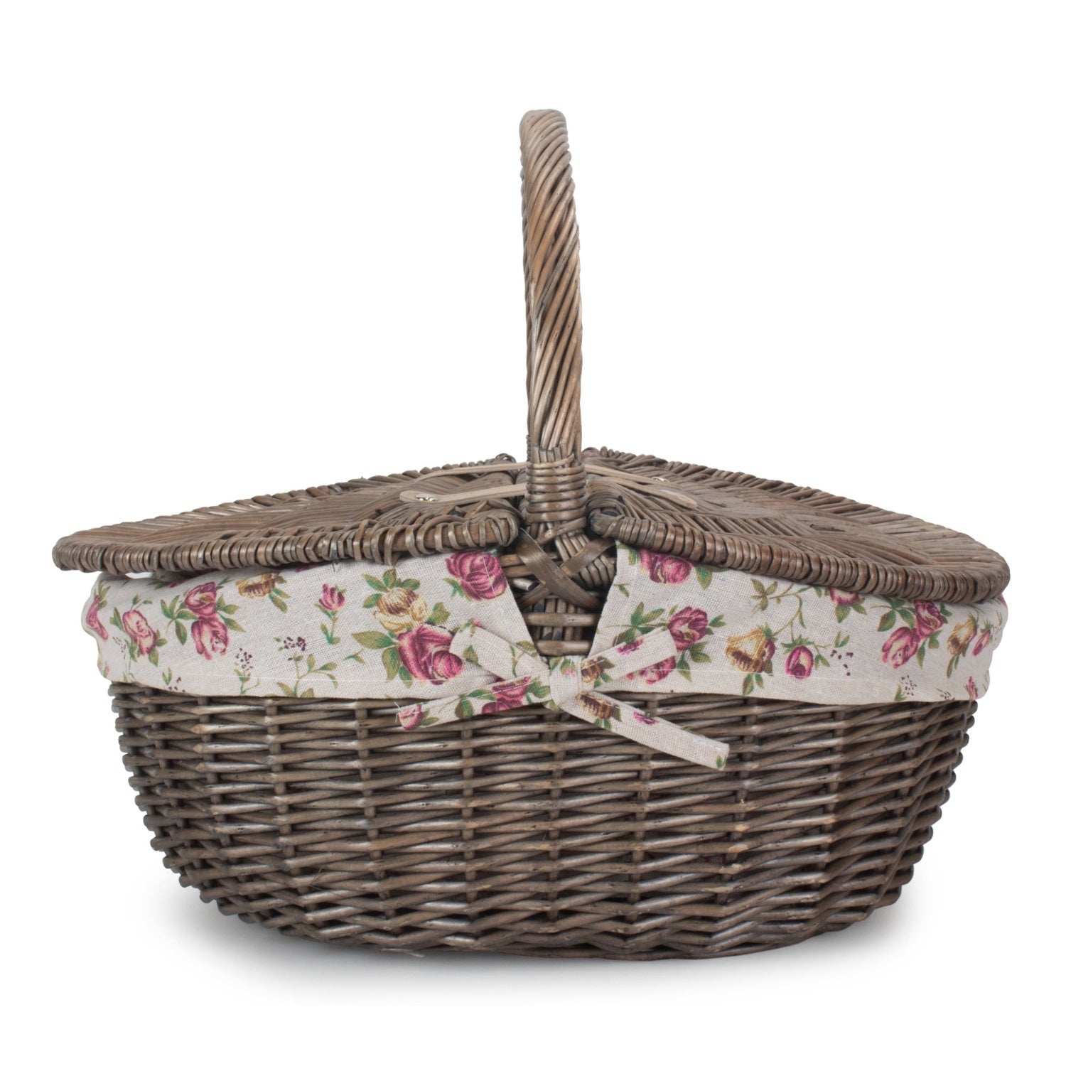 Antique Wash Finish Willow Oval Picnic Basket with Garden Rose Lining - REGN