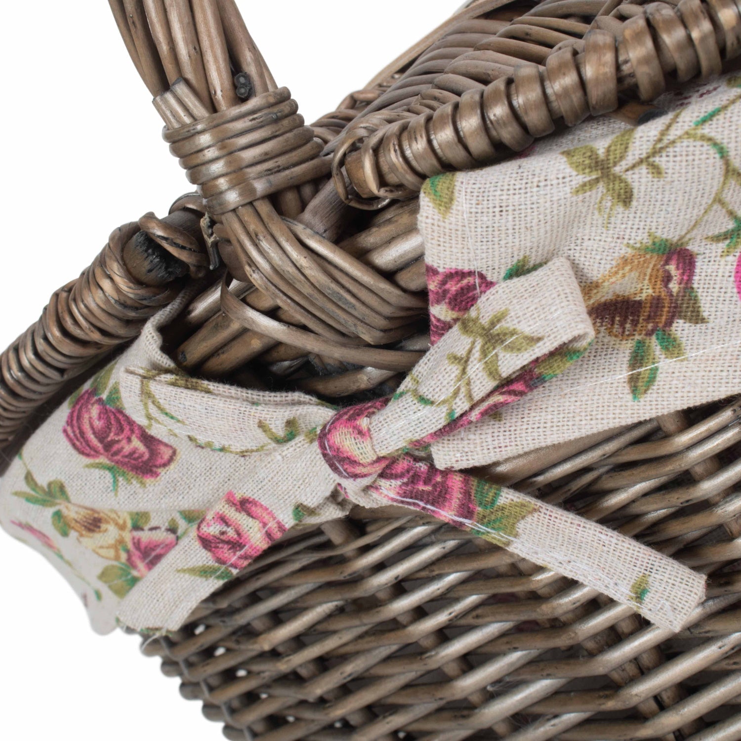 Antique Wash Finish Willow Oval Picnic Basket with Garden Rose Lining - REGN