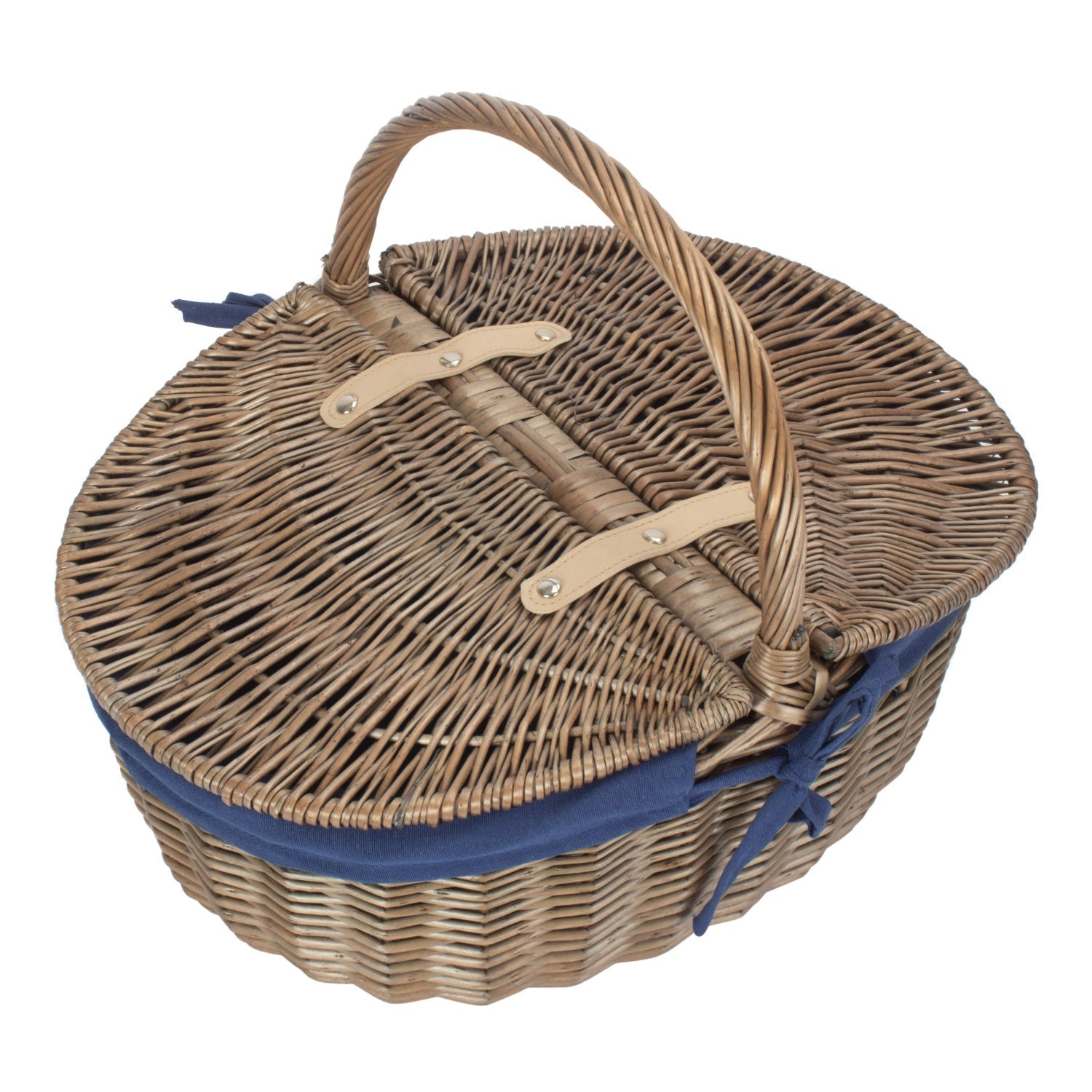 Antique Wash Finish Willow Oval Picnic Basket with Navy Blue Lining - REGN