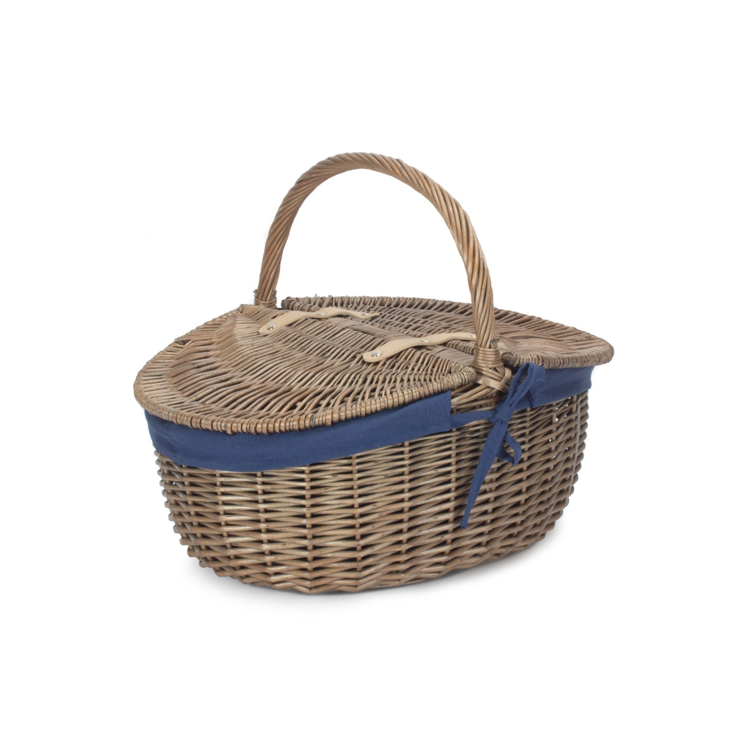 Antique Wash Finish Willow Oval Picnic Basket with Navy Blue Lining - REGN