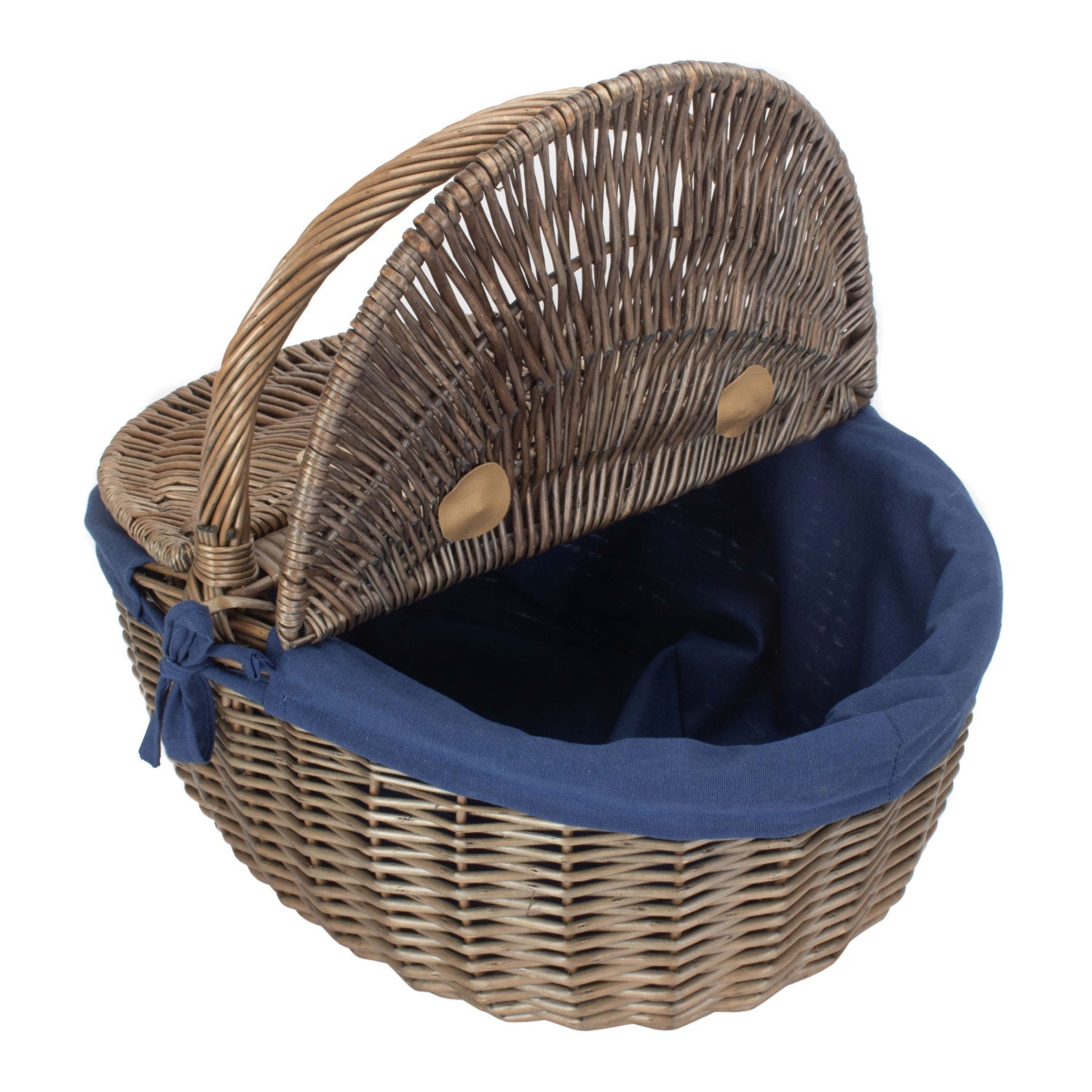 Antique Wash Finish Willow Oval Picnic Basket with Navy Blue Lining - REGN