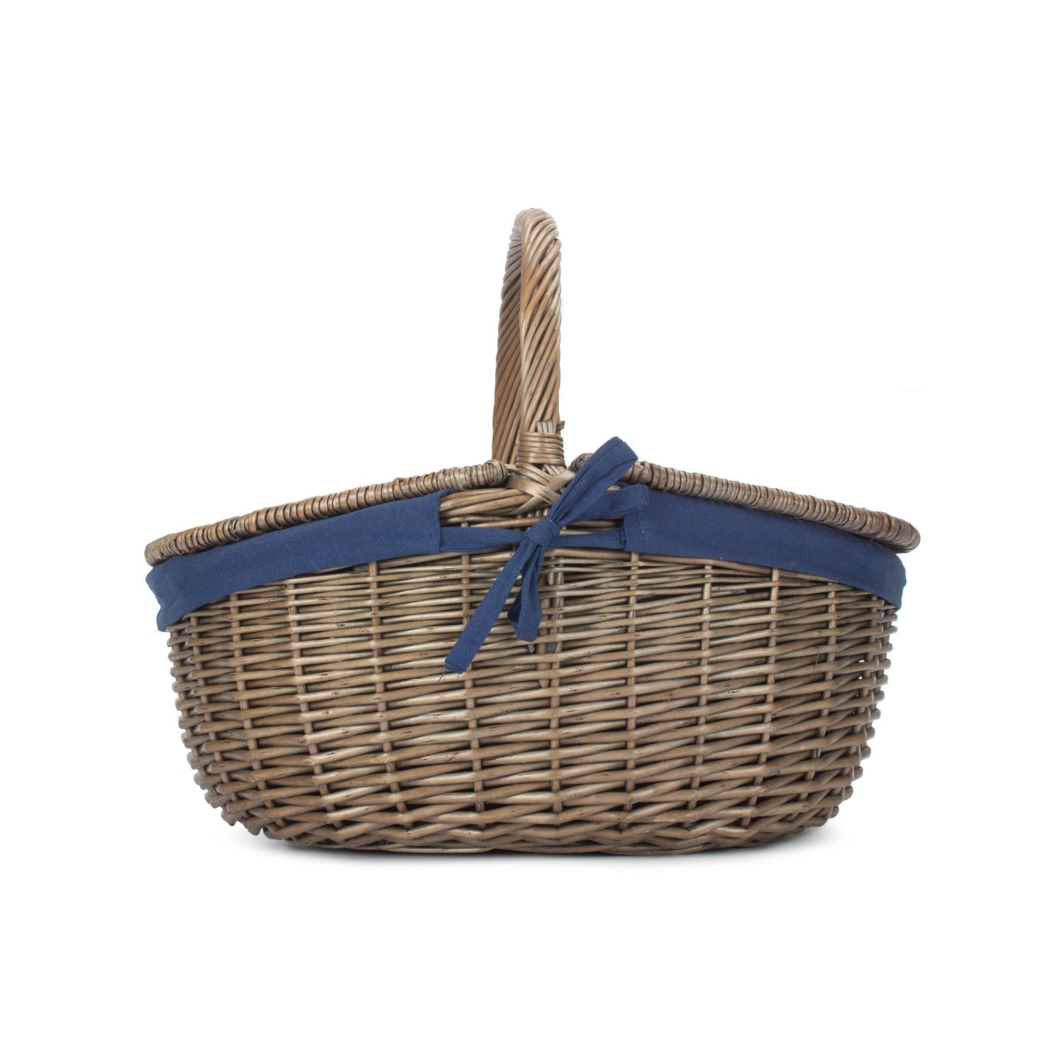 Antique Wash Finish Willow Oval Picnic Basket with Navy Blue Lining - REGN