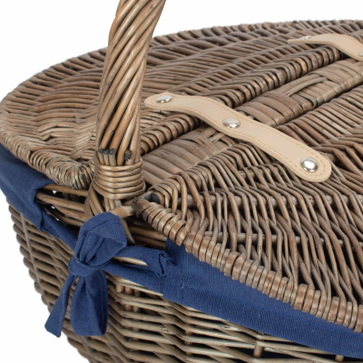 Antique Wash Finish Willow Oval Picnic Basket with Navy Blue Lining - REGN