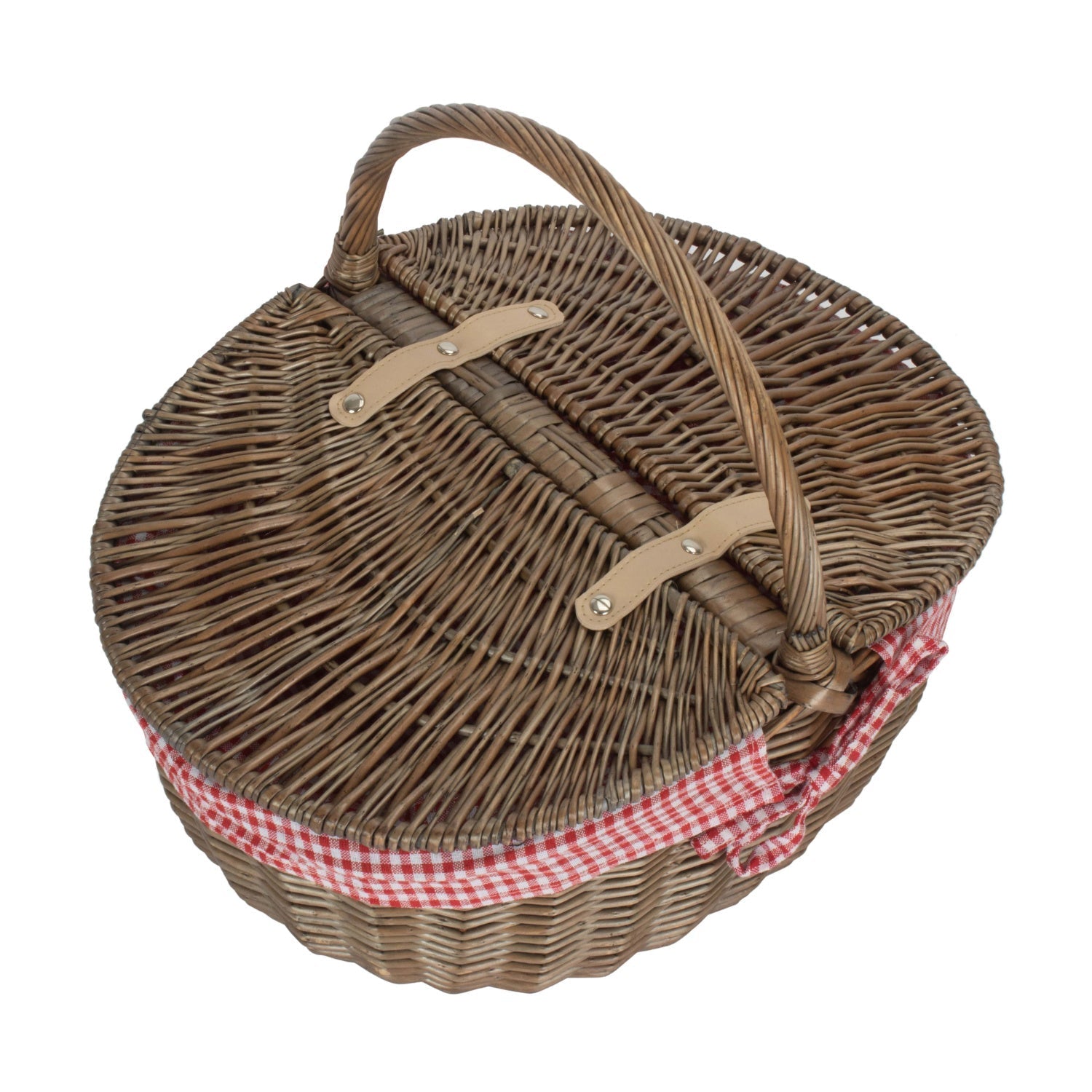 Antique Wash Finish Willow Oval Picnic Basket with Red & White Checked Lining - REGN