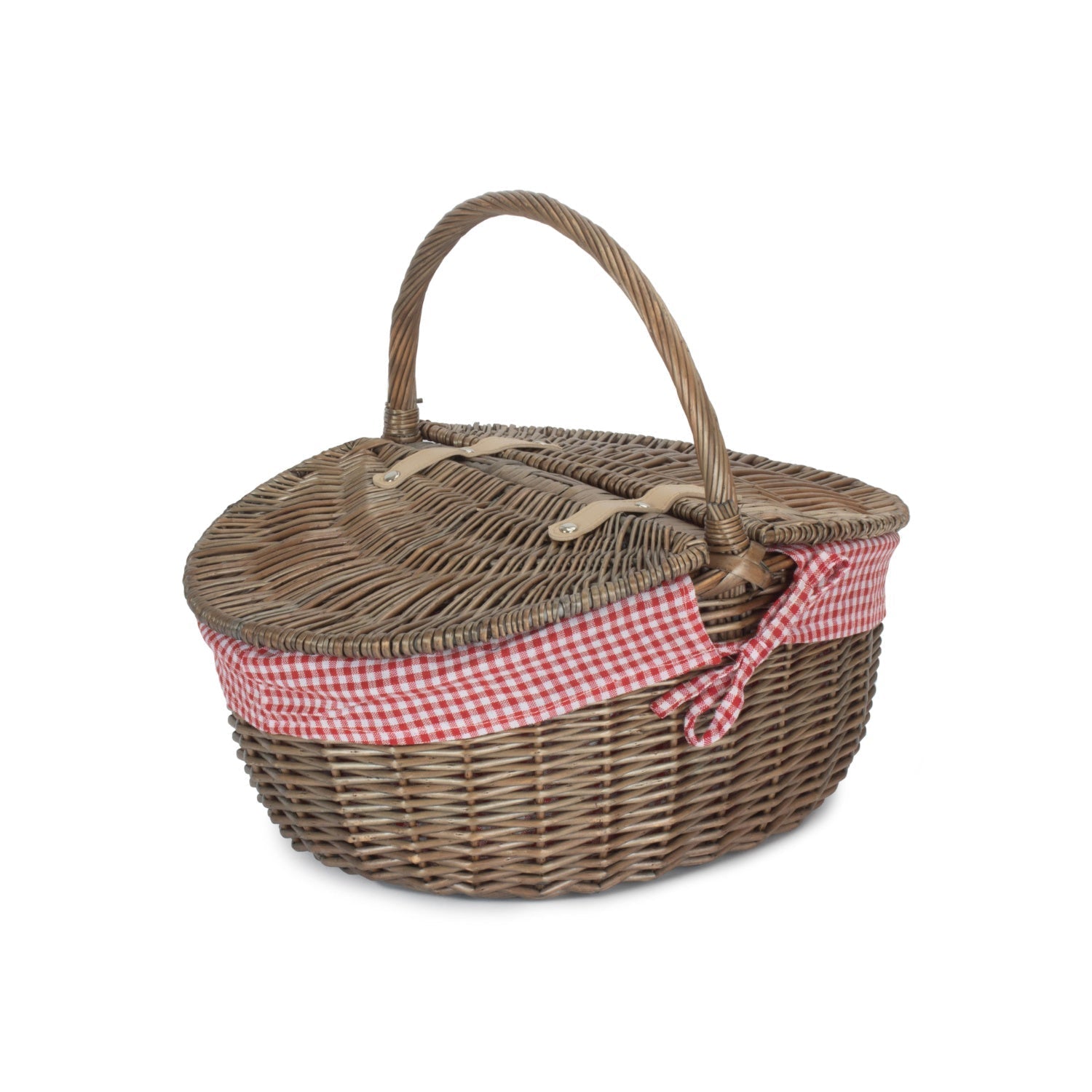 Antique Wash Finish Willow Oval Picnic Basket with Red & White Checked Lining - REGN