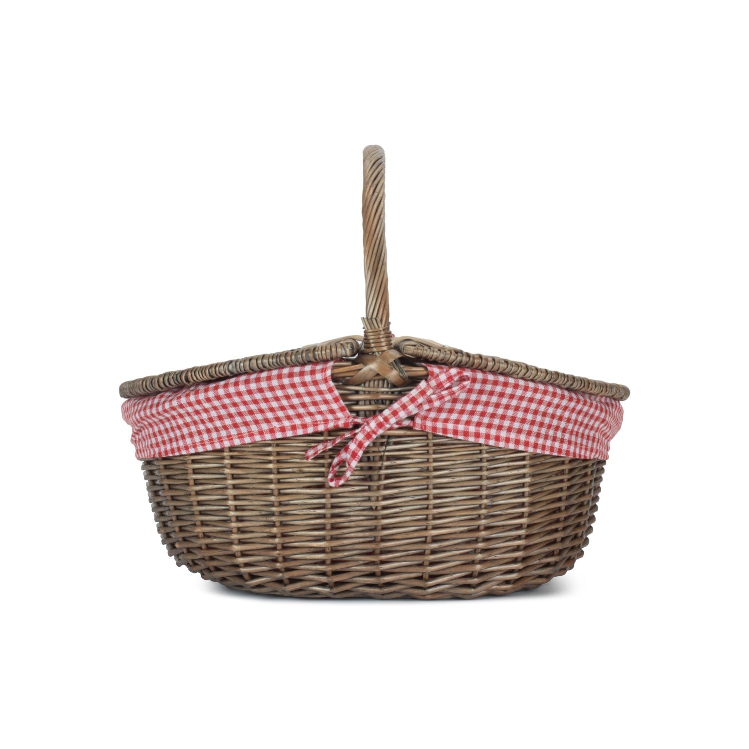 Antique Wash Finish Willow Oval Picnic Basket with Red & White Checked Lining - REGN