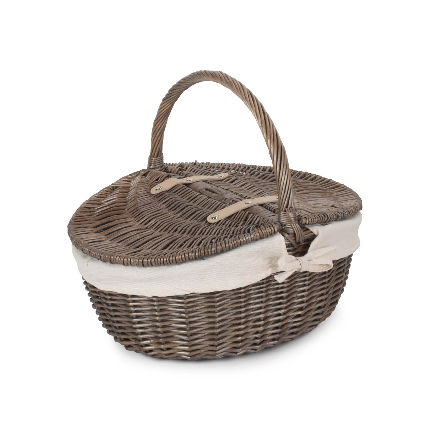 Antique Wash Finish Willow Oval Picnic Basket with White Lining - REGN