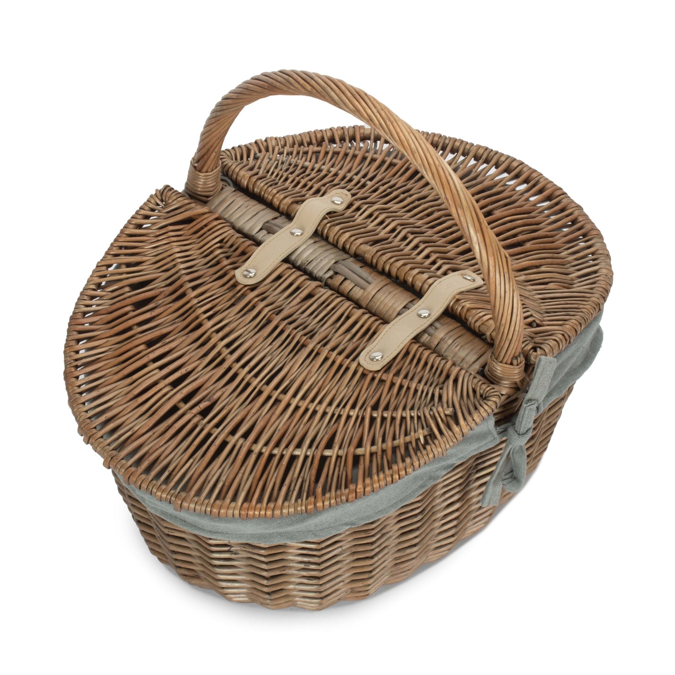 Antique Wash Oval Willow Picnic Basket with Sage Grey Lining - REGN