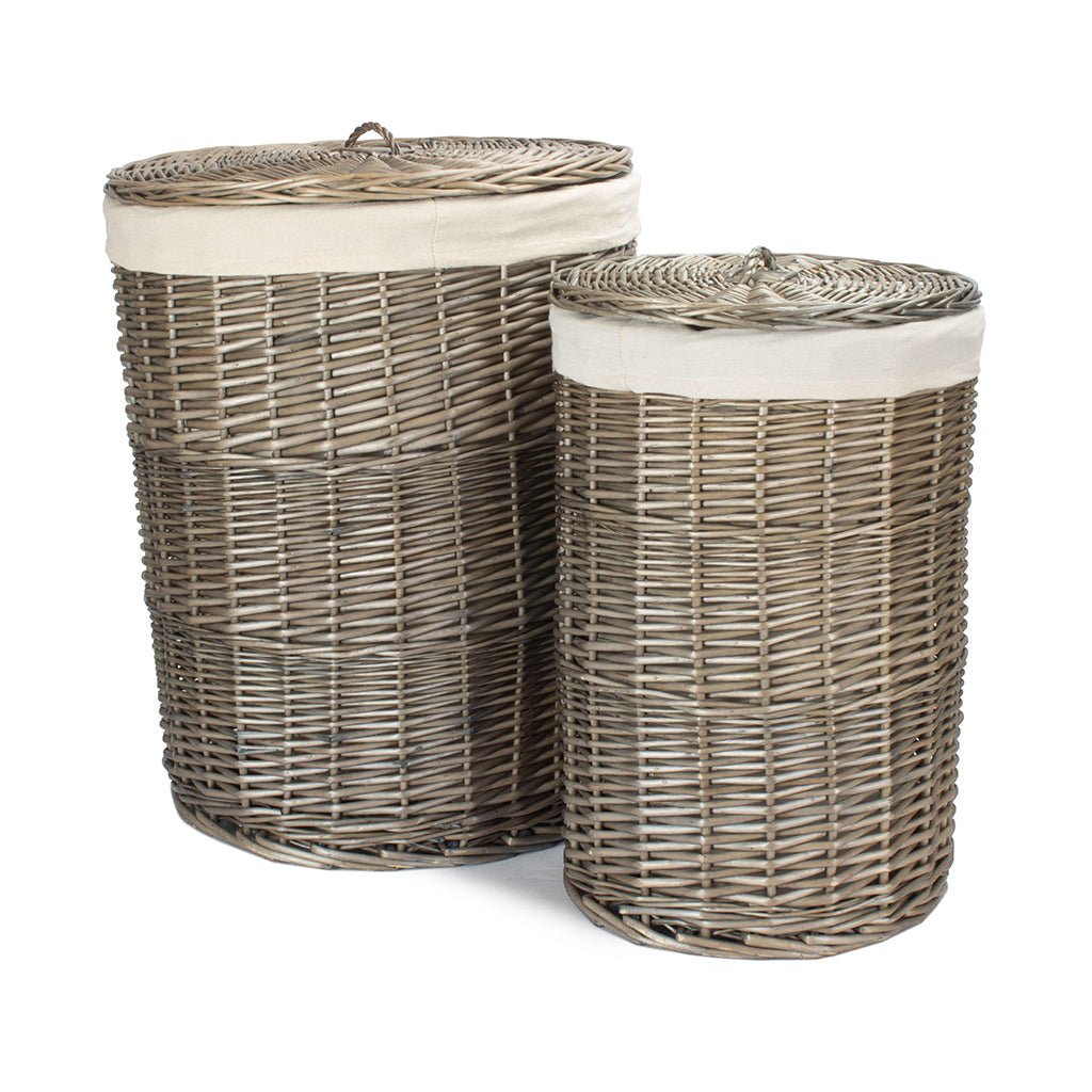 Antique Wash Willow Round Linen Basket with White Lining Set 2 - REGN
