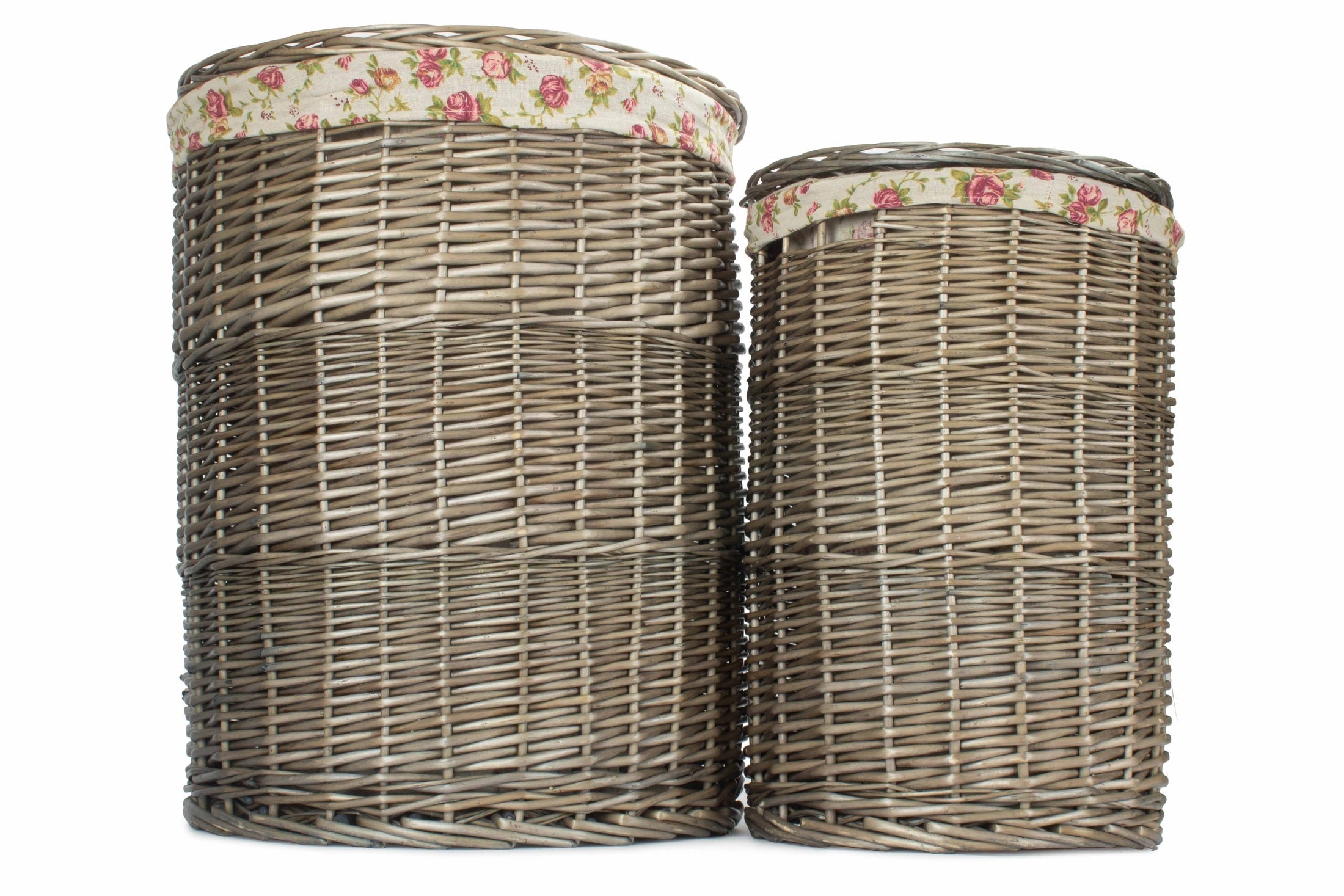 Antique Wash Willow Round Linen Laundry Basket with Garden Rose Lining Set 2 - REGN
