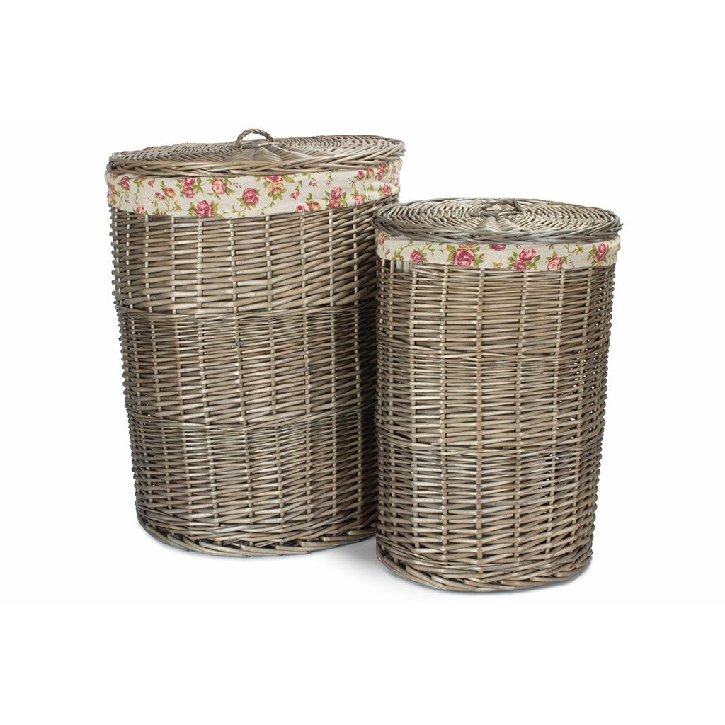 Antique Wash Willow Round Linen Laundry Basket with Garden Rose Lining Set 2 - REGN