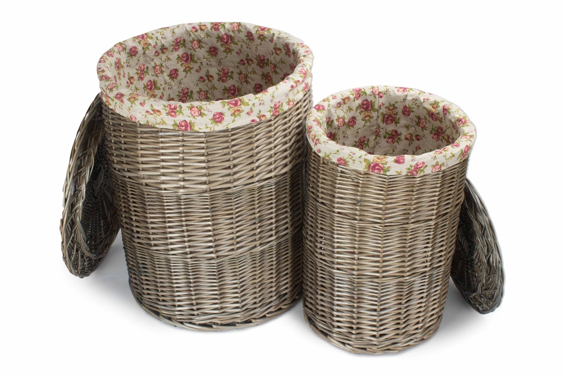 Antique Wash Willow Round Linen Laundry Basket with Garden Rose Lining Set 2 - REGN