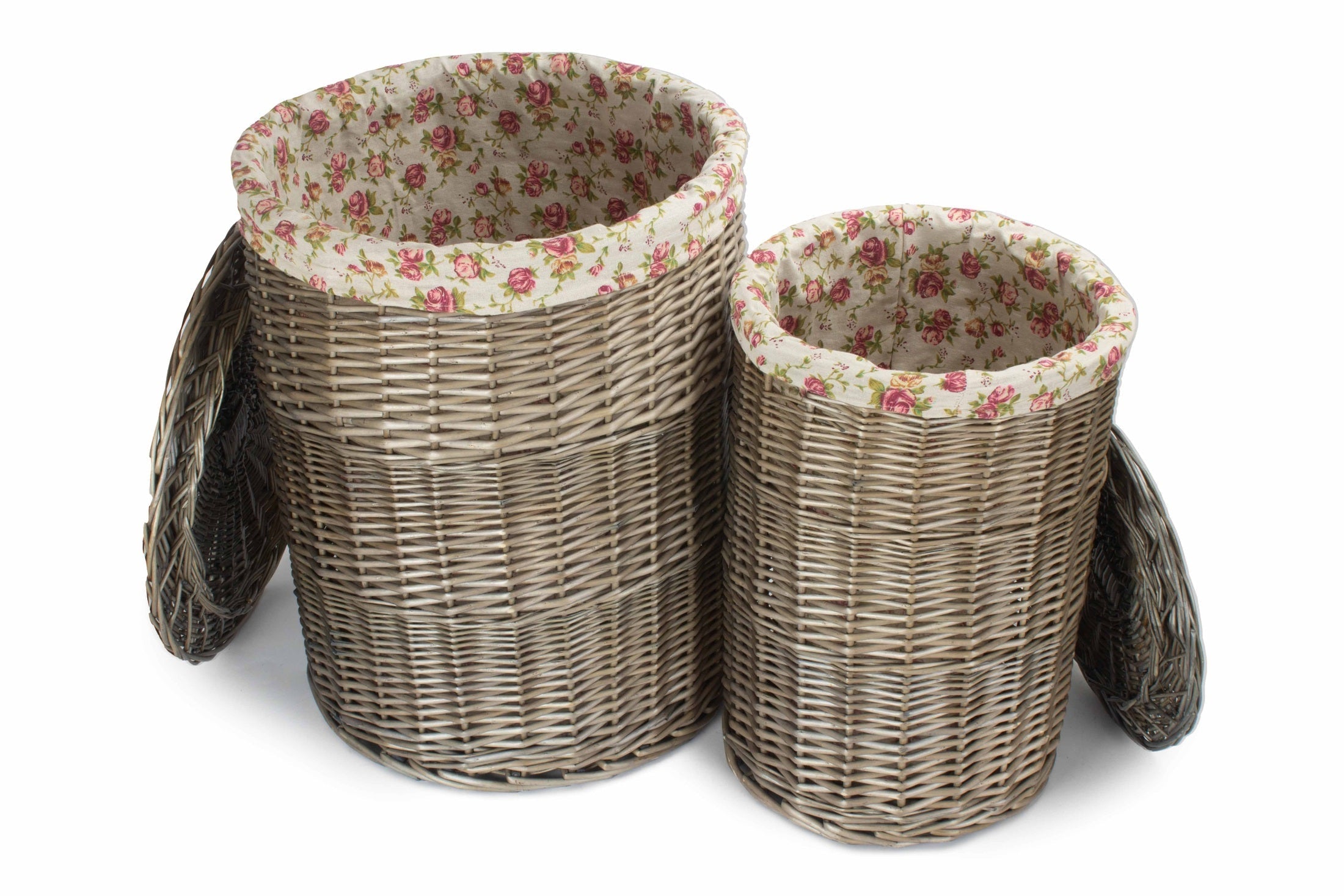 Antique Wash Willow Round Linen Laundry Basket with Garden Rose Lining Set 2 - REGN