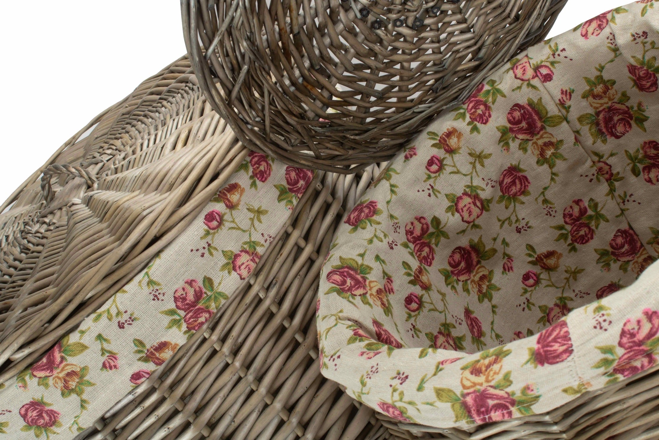Antique Wash Willow Round Linen Laundry Basket with Garden Rose Lining Set 2 - REGN