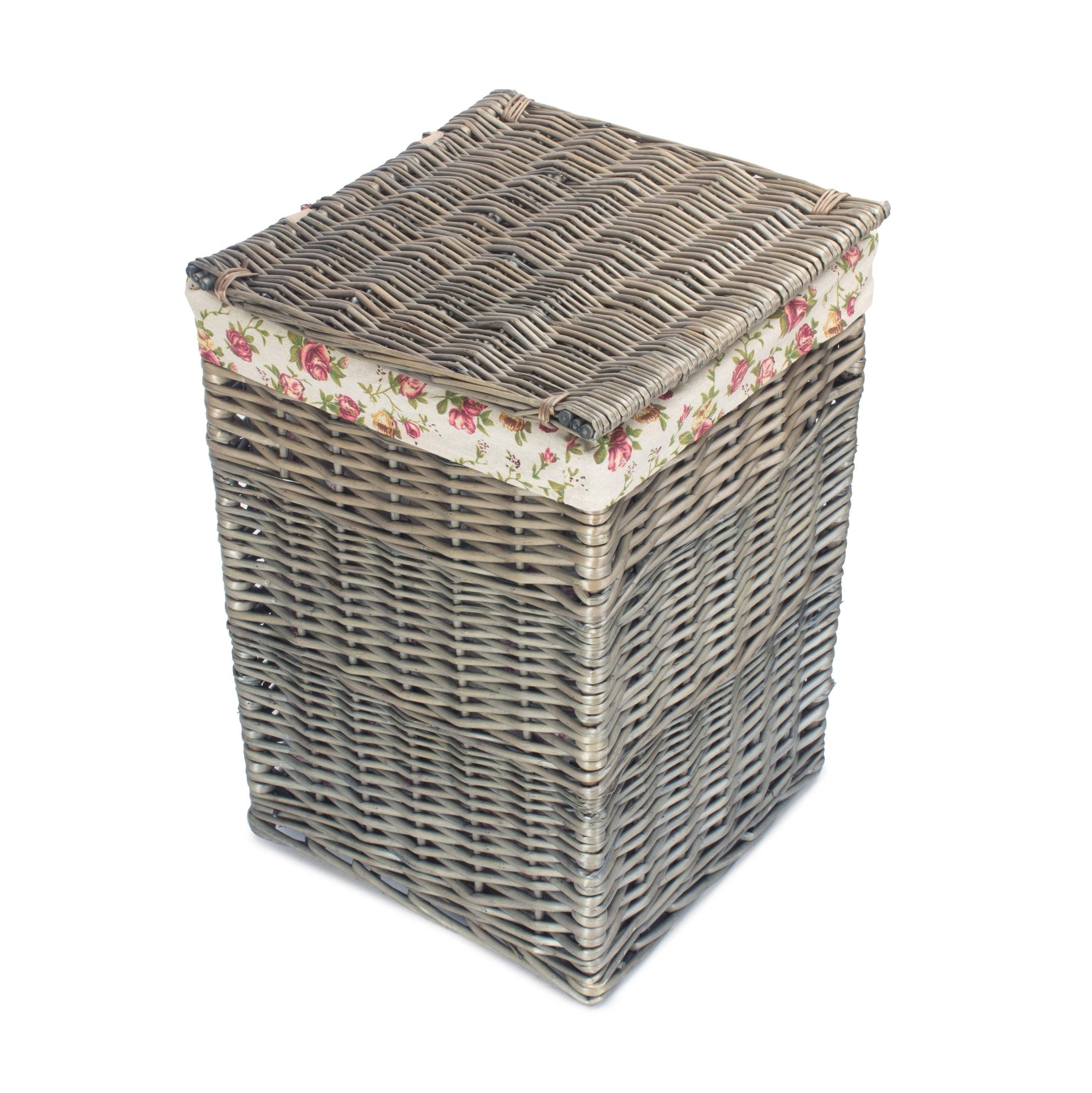 Antique Wash Willow Small Square Laundry Basket with Garden Rose Lining - REGN