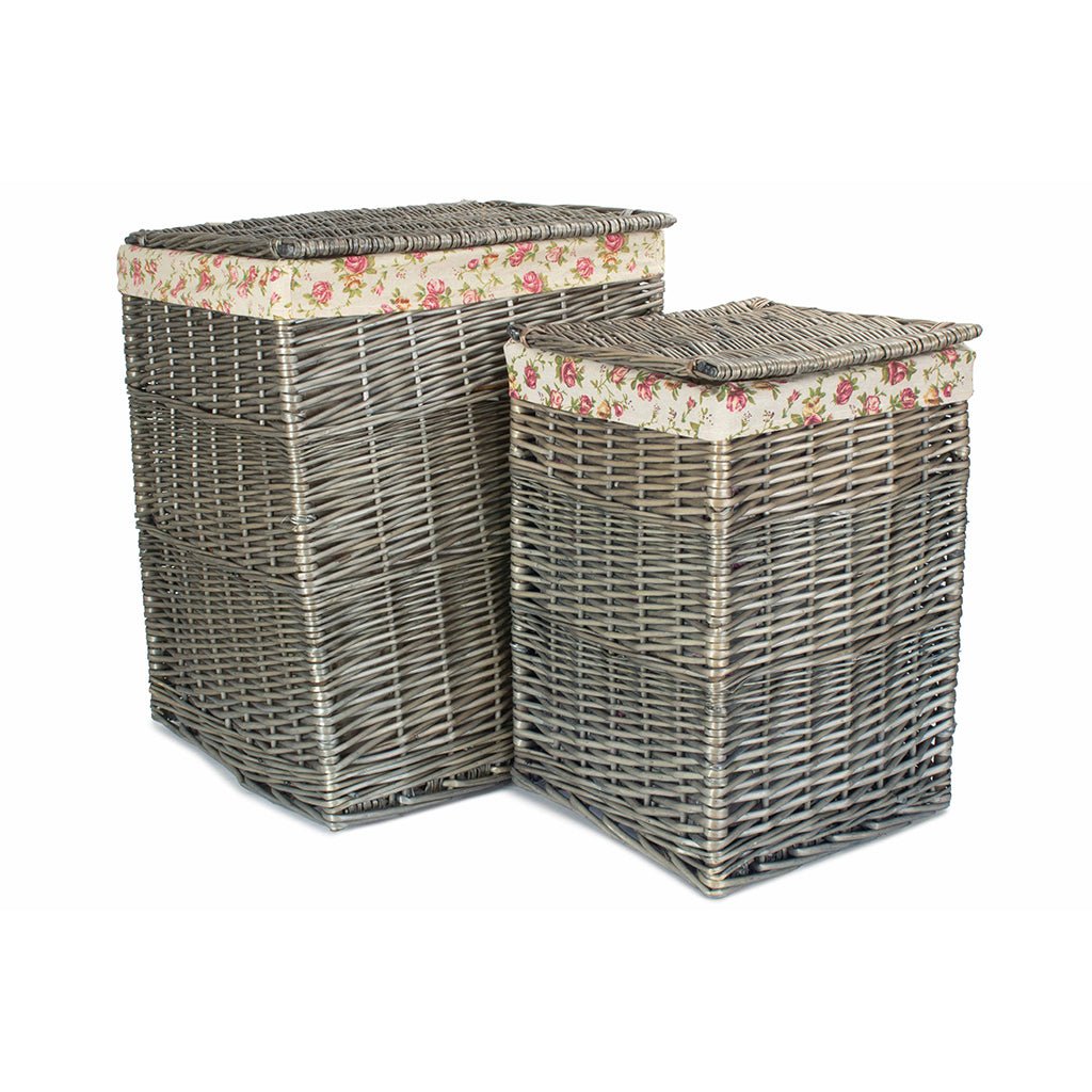 Antique Wash Willow Square Laundry Basket with Garden Rose Lining Set 2 - REGN