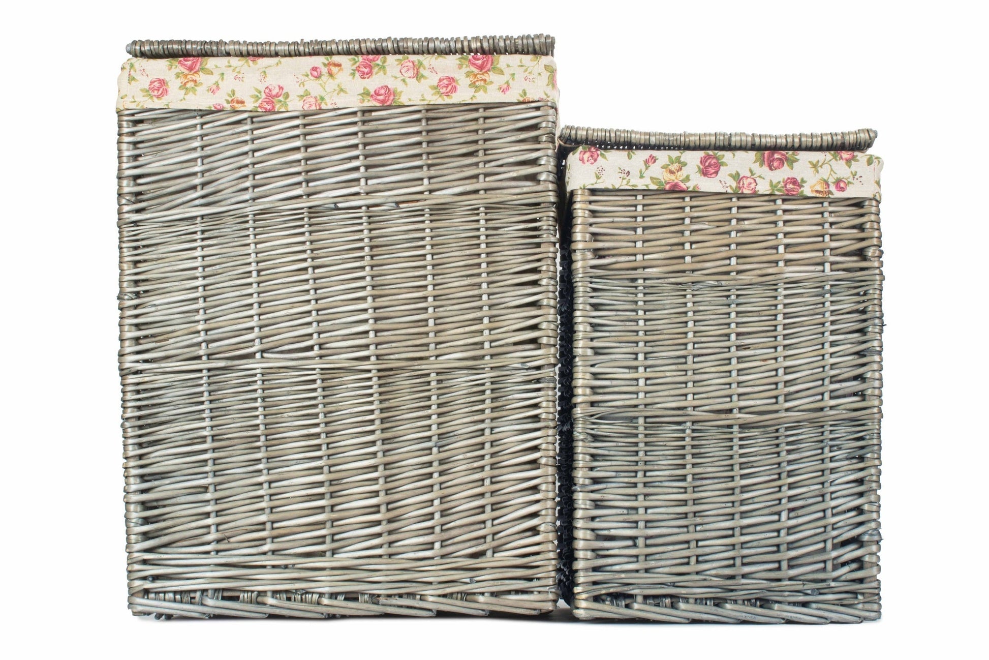 Antique Wash Willow Square Laundry Basket with Garden Rose Lining Set 2 - REGN