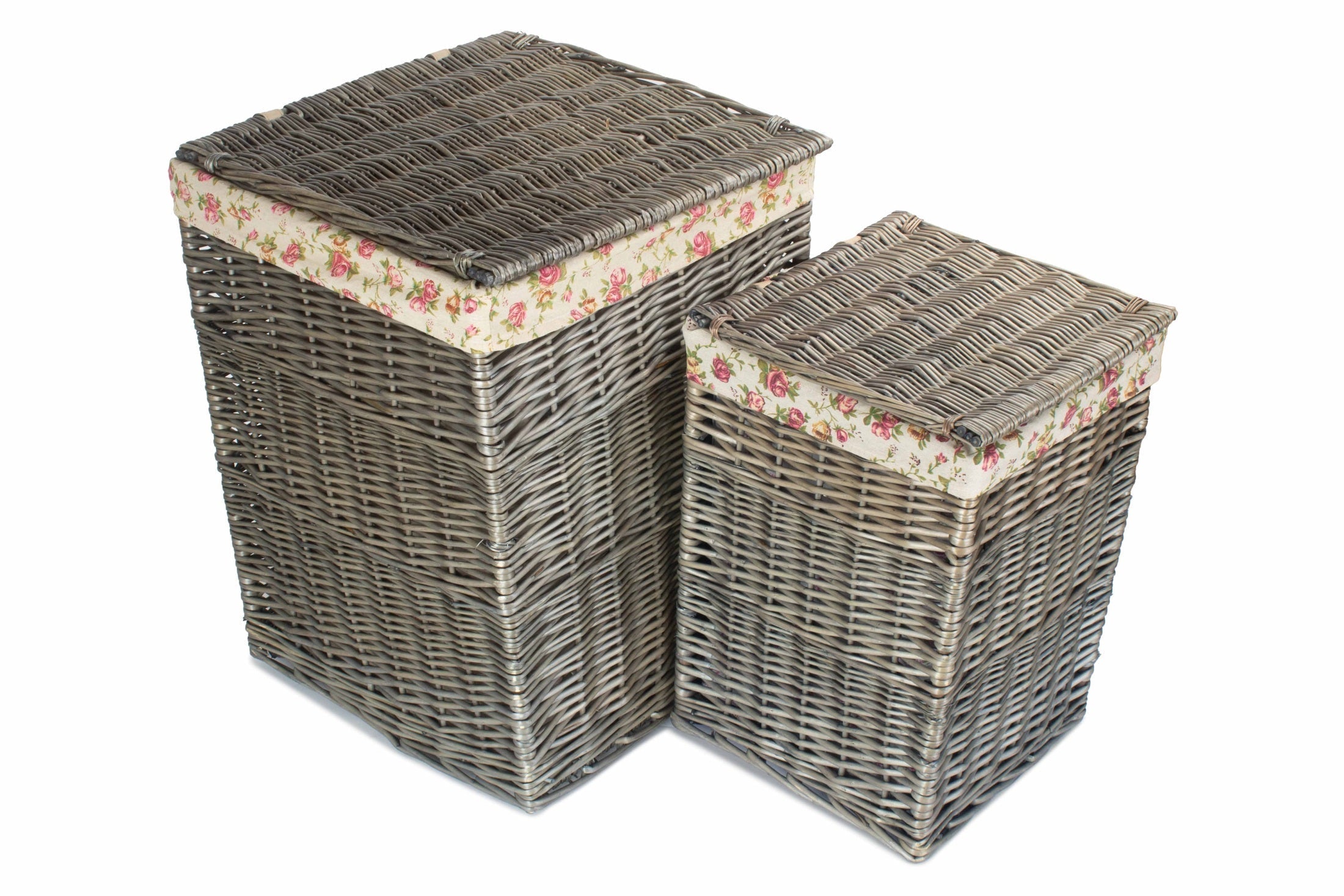 Antique Wash Willow Square Laundry Basket with Garden Rose Lining Set 2 - REGN