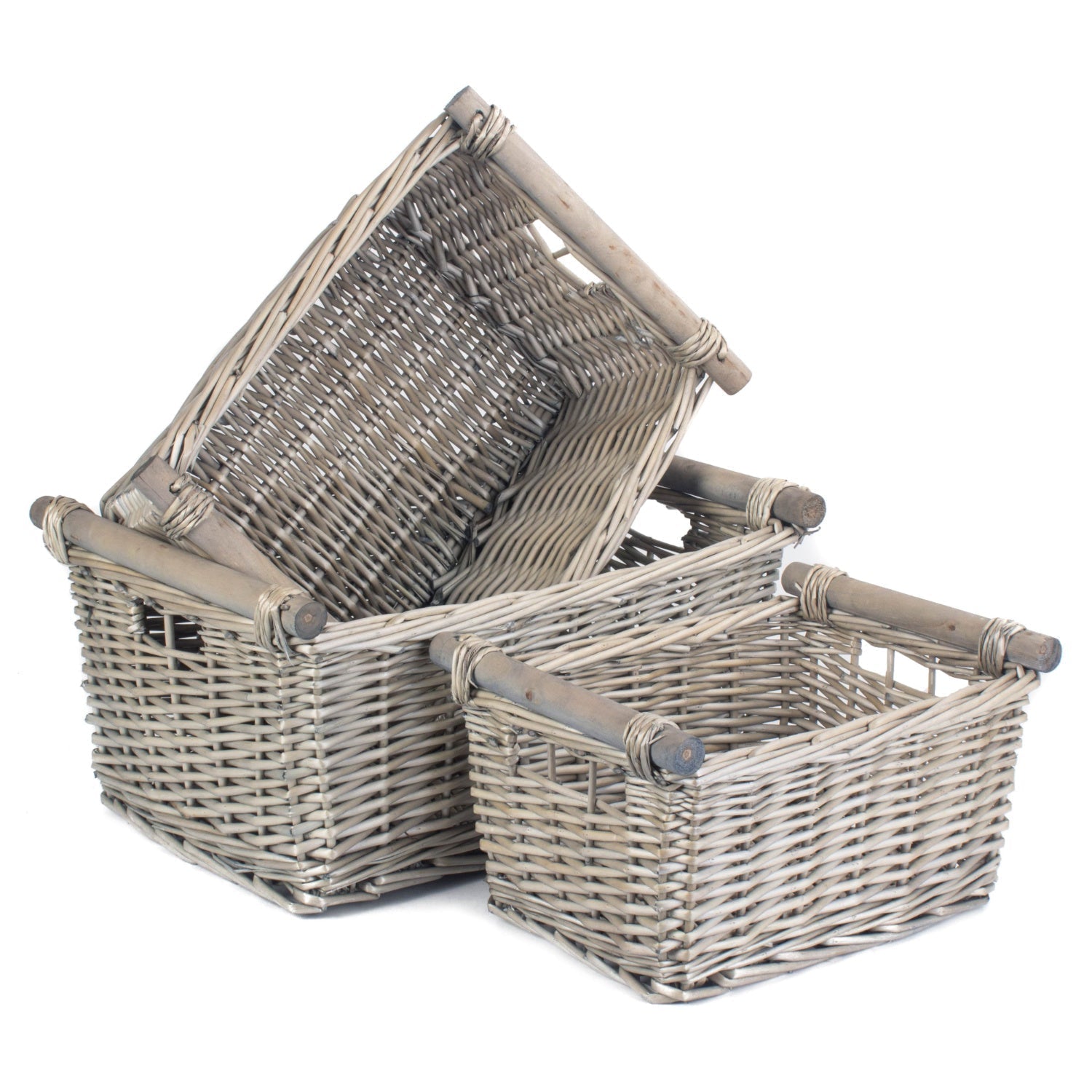 Antique Wash Wooden Handled Storage Basket Set 3 - REGN