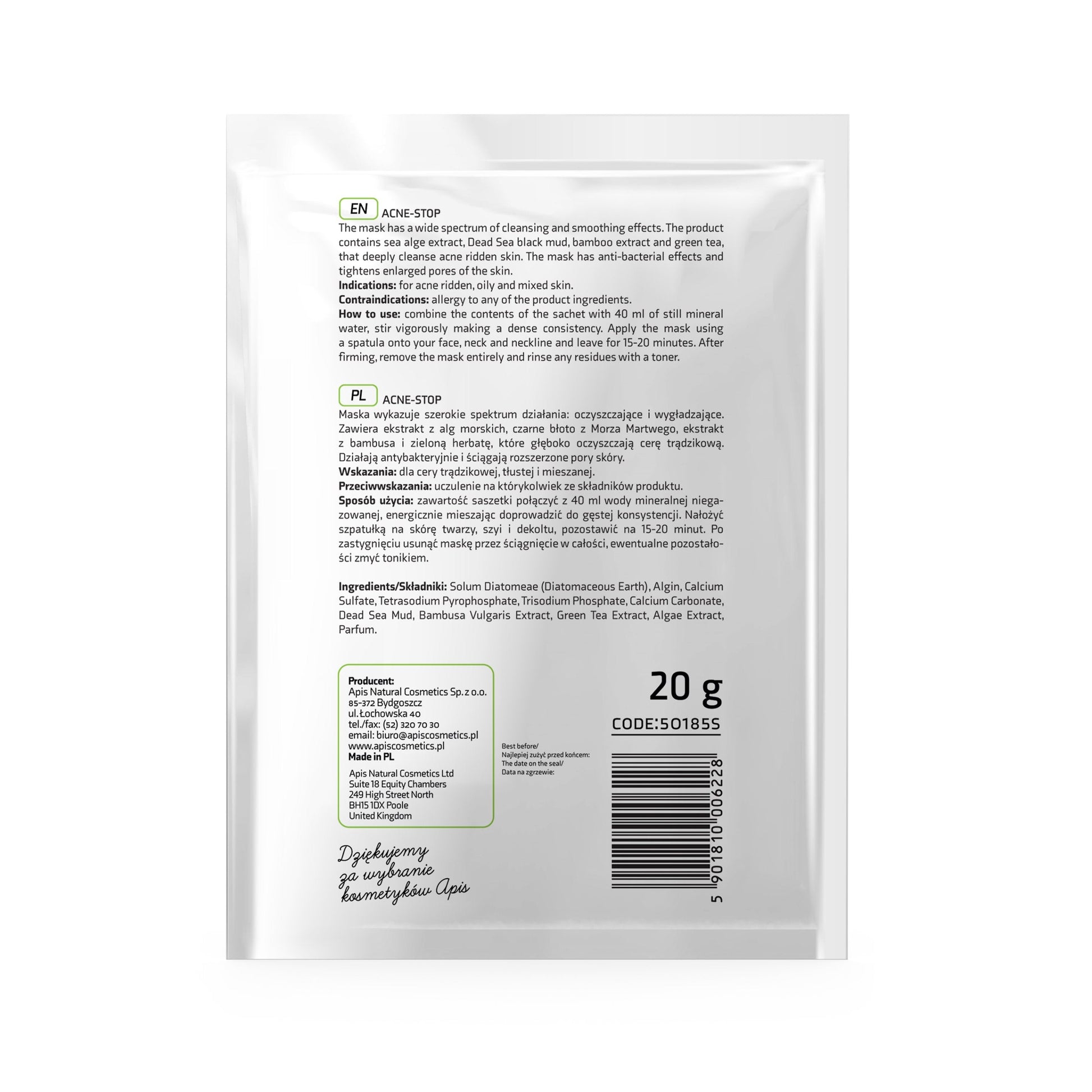 Apis ACNE-STOP Algae Mask for Acne-Prone Skin with Bamboo, Green Tea, and Dead Sea Black Mud | 20g - REGN