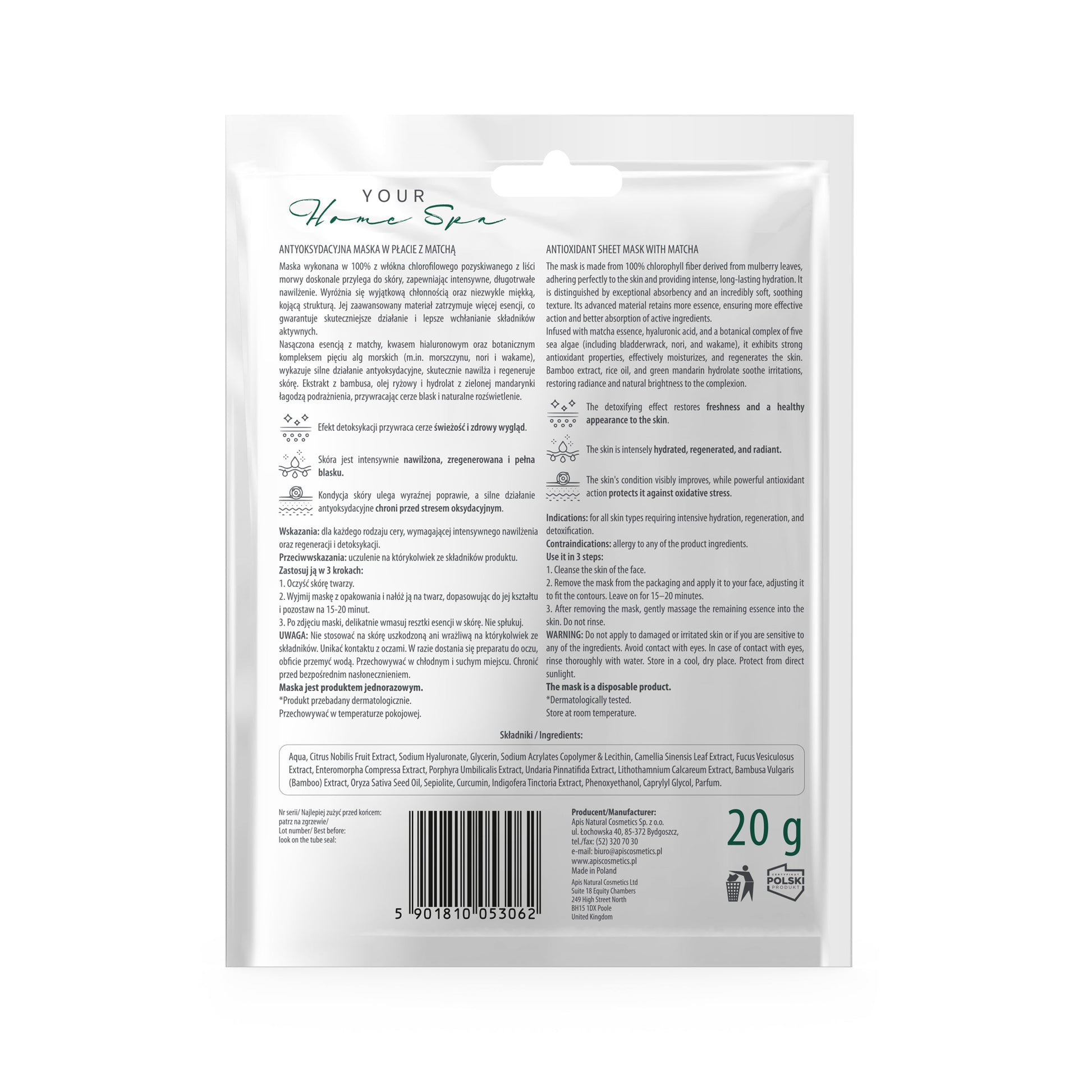 Apis Antioxidant Sheet Mask with Matcha - Revitalising Care | 20g - REGN