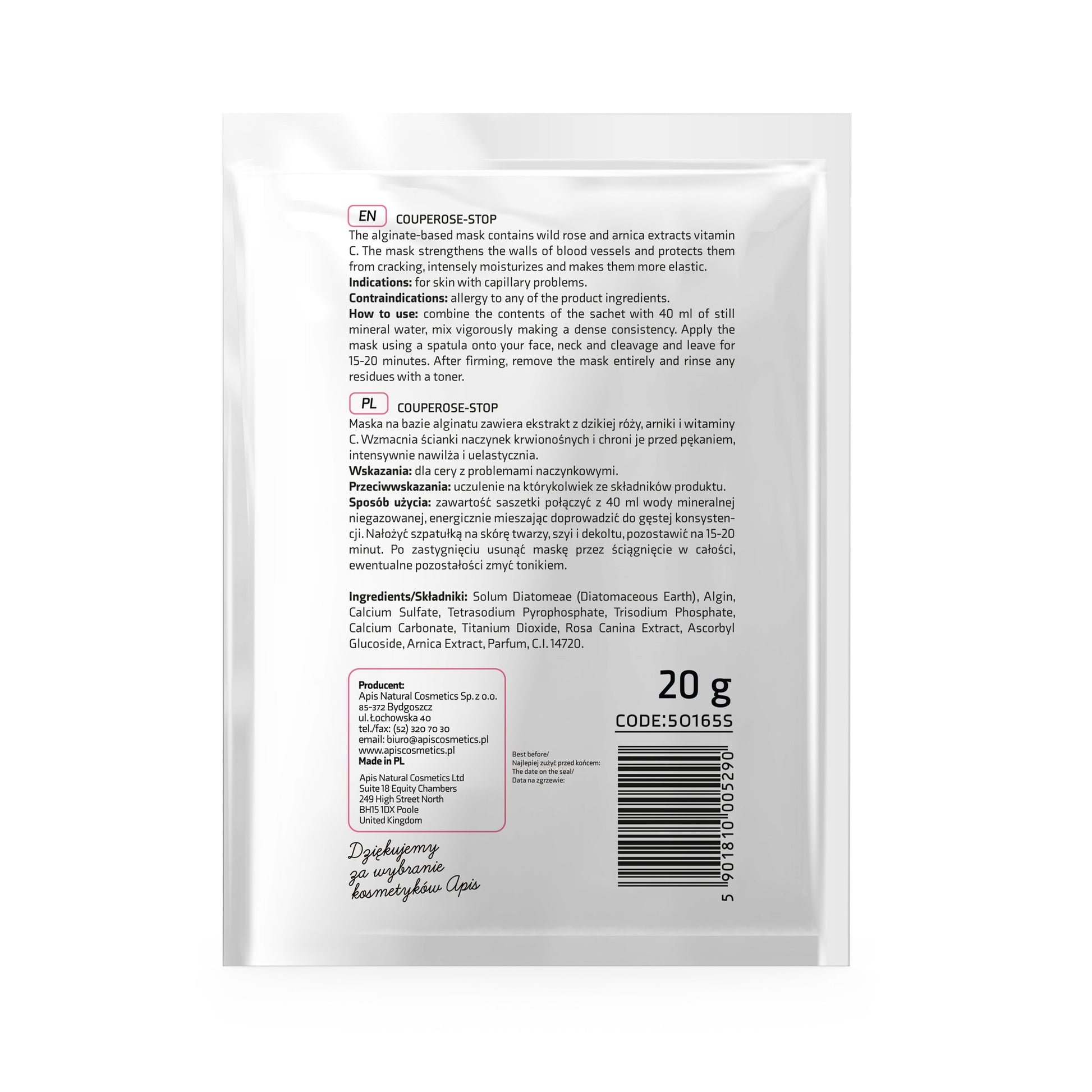 Apis Couperose‑Stop Algae Mask with Wild Rose & Vitamin C | 20 g - REGN
