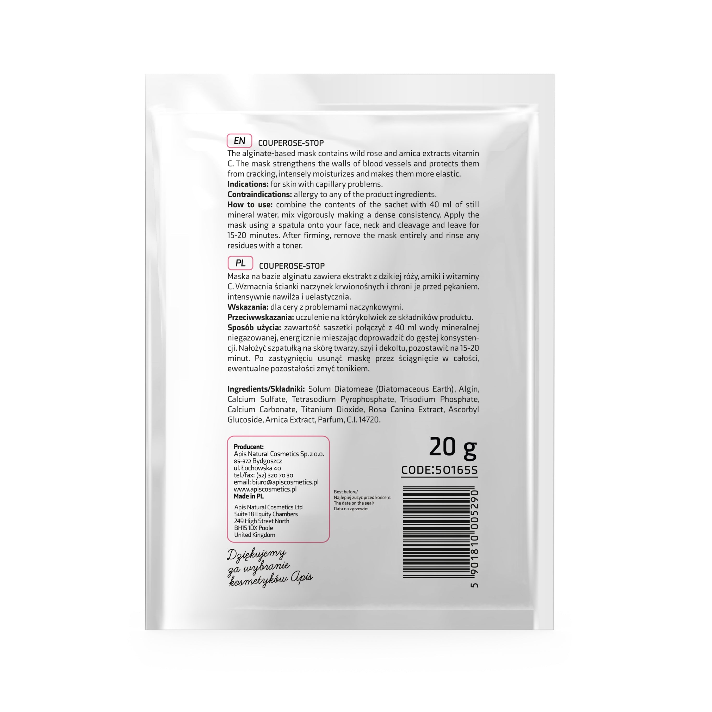 Apis Couperose‑Stop Algae Mask with Wild Rose & Vitamin C | 20 g - REGN