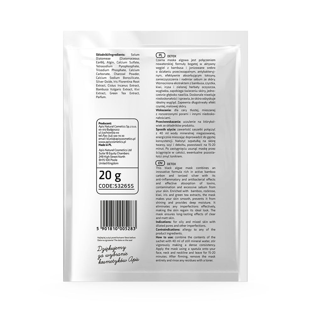 Apis Detox Algae Mask | Bamboo Charcoal & Ionised Silver | 20 g - REGN
