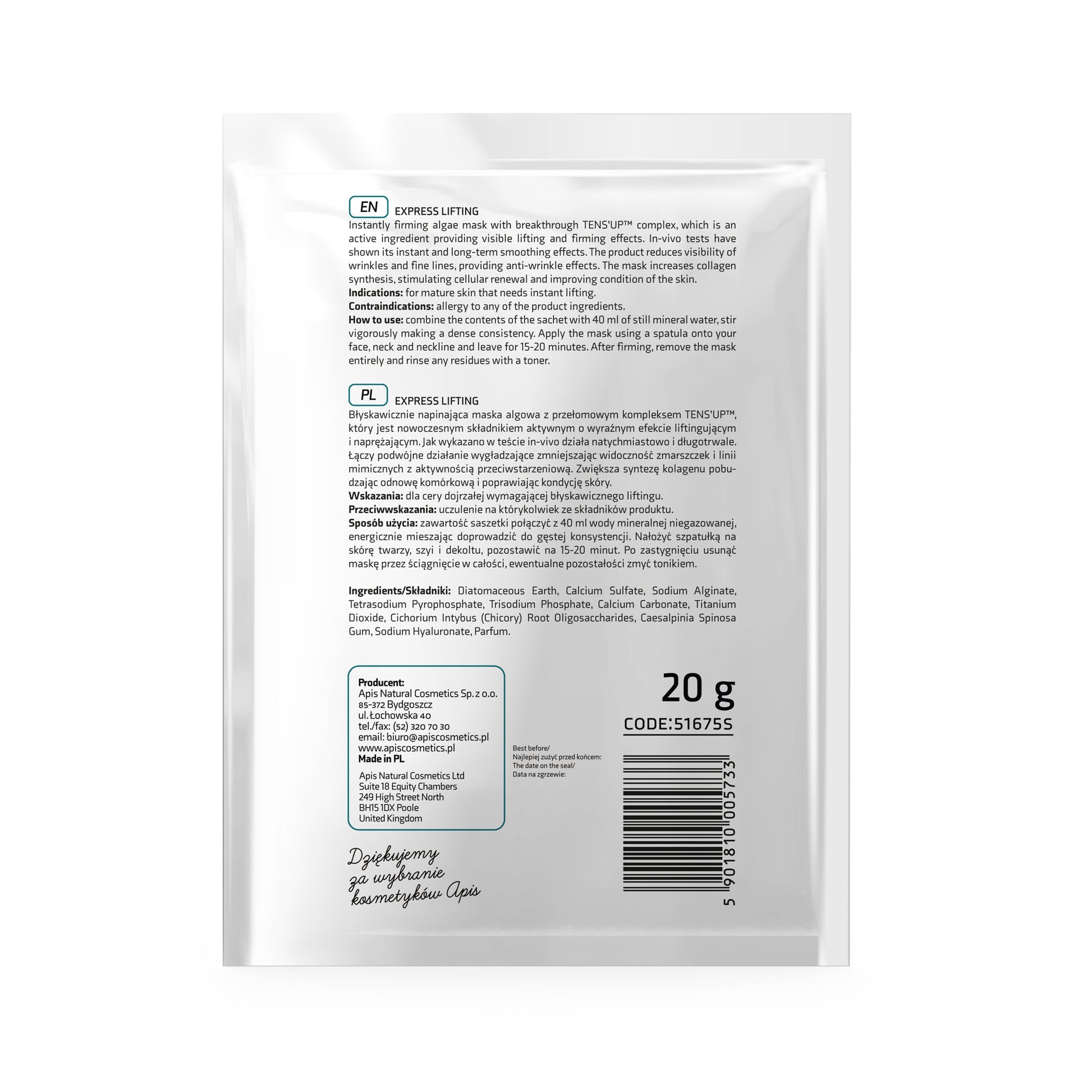 Apis Express Lifting Intensively Firming Algae Mask with Tens’Up Complex | 20g - REGN