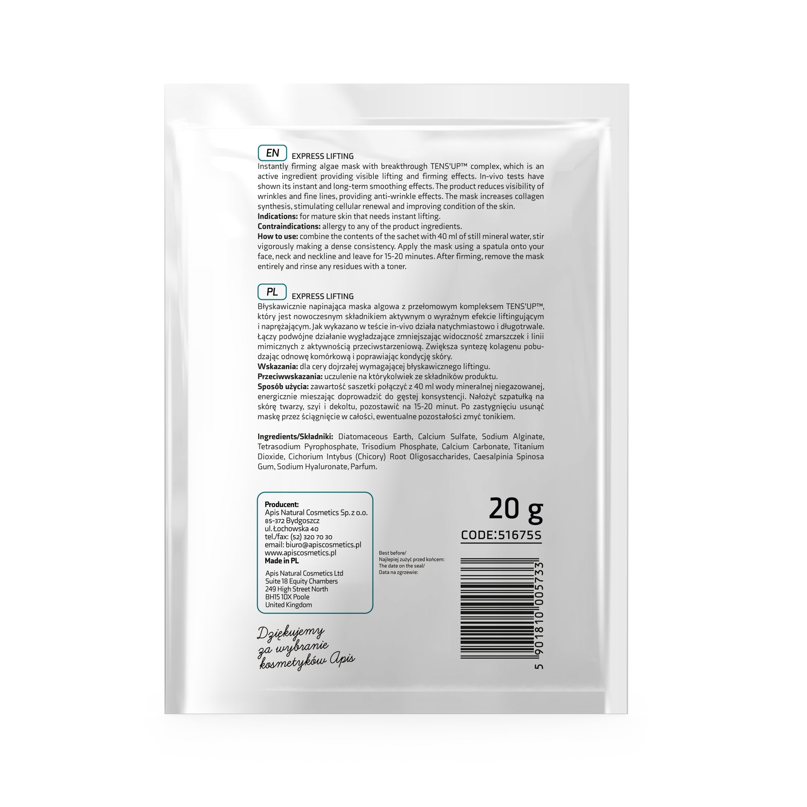 Apis Express Lifting Intensively Firming Algae Mask with Tens’Up Complex | 20g - REGN