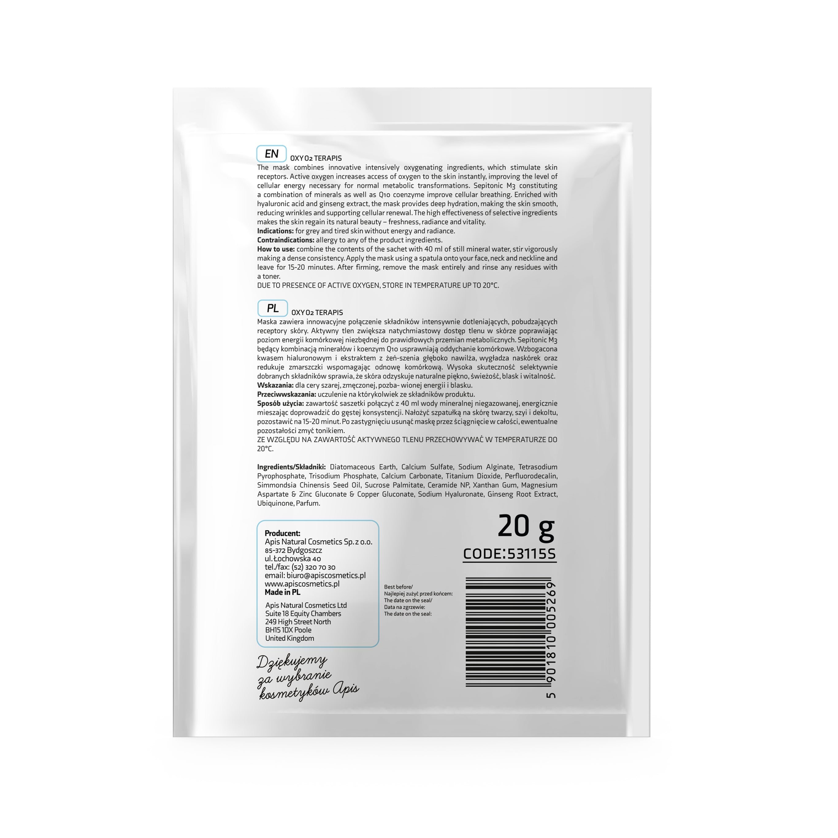 Apis Oxy O2 Oxygenating Algae Mask with Active Oxygen | 20g - REGN