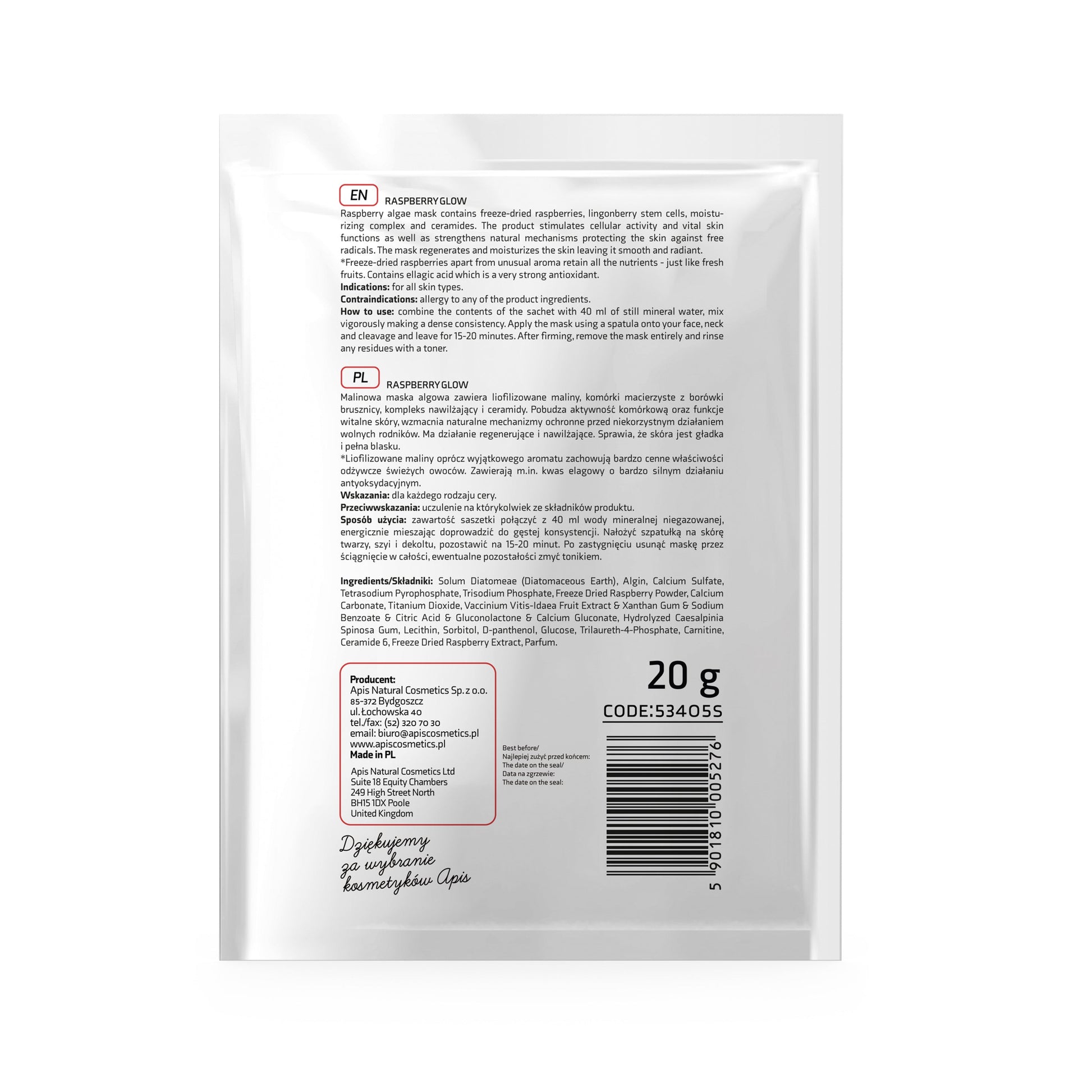 Apis Raspberry Glow Algae Mask with Freeze‑Dried Raspberries | 20 g - REGN
