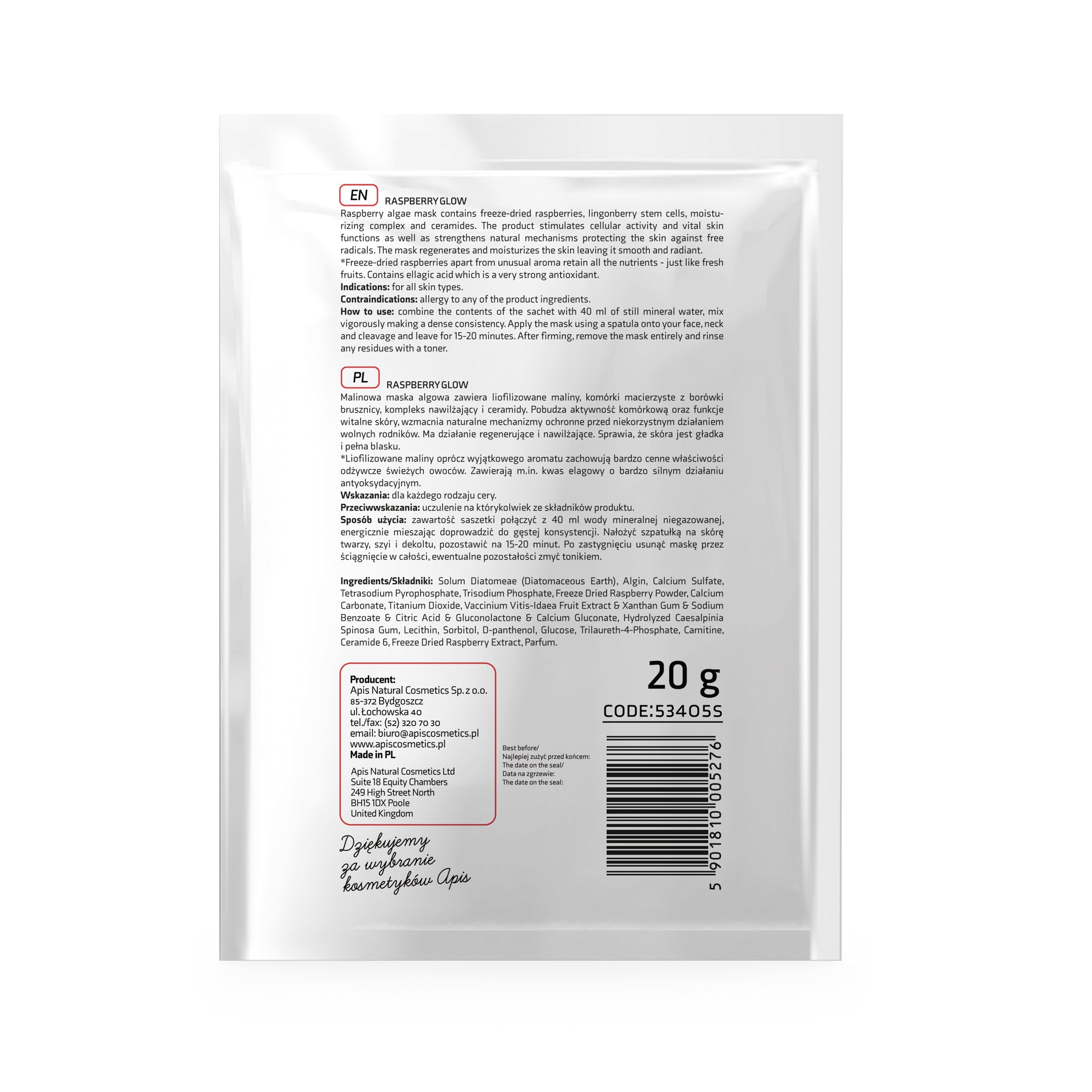 Apis Raspberry Glow Algae Mask with Freeze‑Dried Raspberries | 20 g - REGN