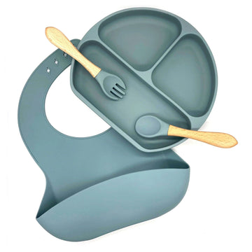 Baby Plastic Free Feeding 4 Pieces Set With Bowl, Bib & Fork, Spoon - Blue - REGN