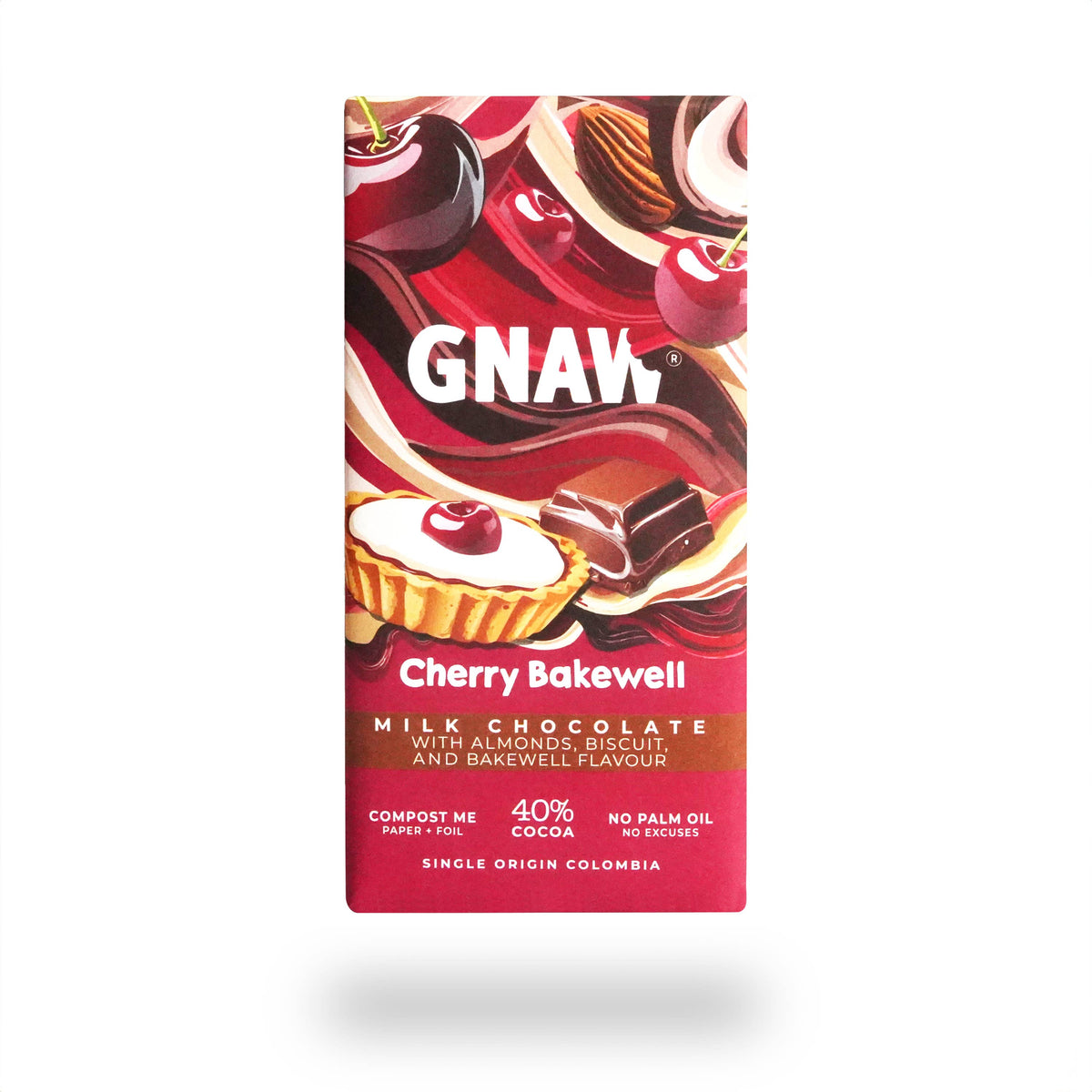GNAW Cherry Bakewell Milk Chocolate Bar 80g | Cherry & Almond | 40% Colombian Cocoa
