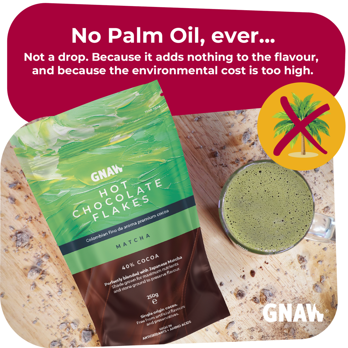 GNAW Matcha Hot Chocolate Flakes | 40% Colombian Cocoa & Japanese Matcha | Luxury Drinking Chocolate
