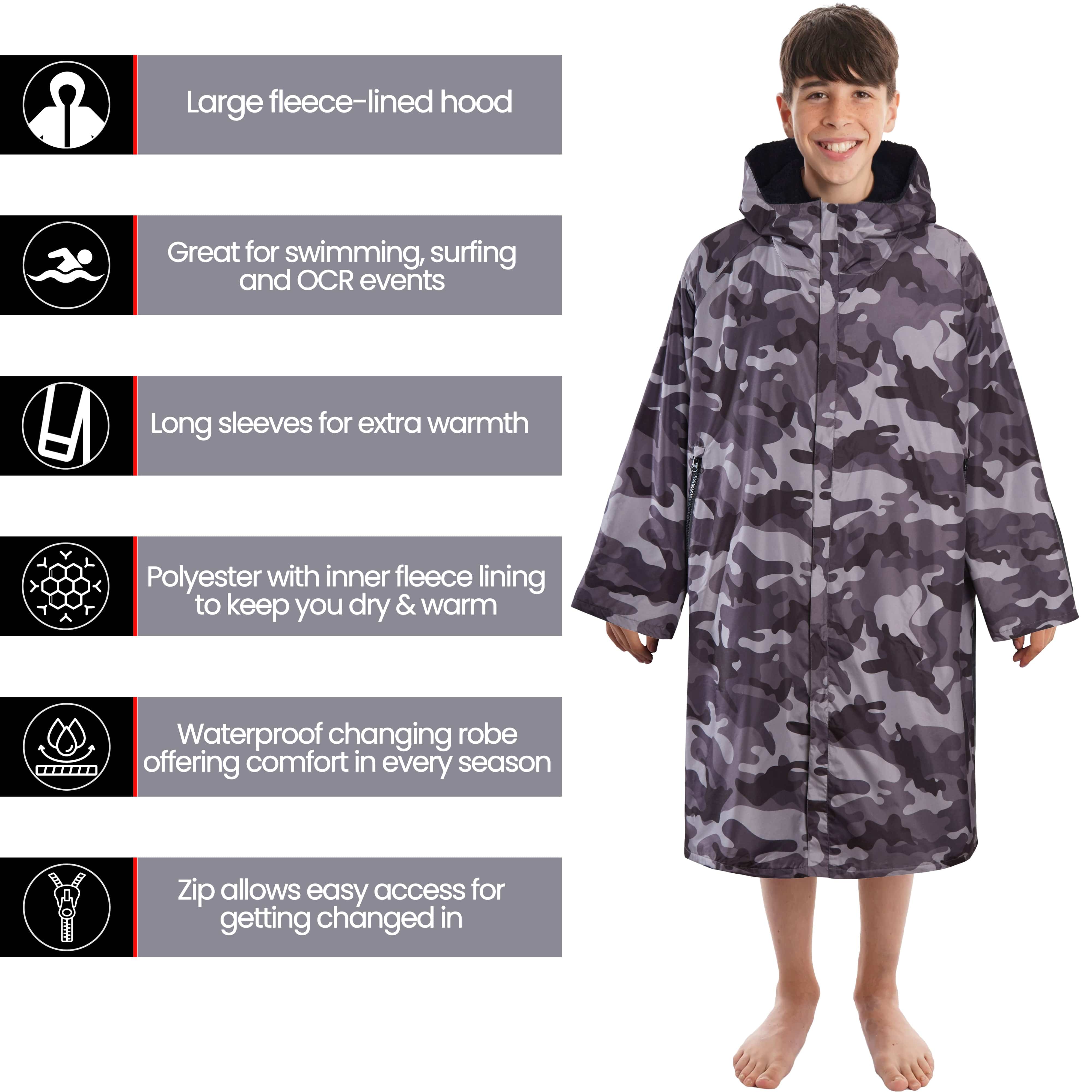 Heatwave Thermalwear Changing Robe Kids Unisex Hooded Coat Camouflage Black Windproof