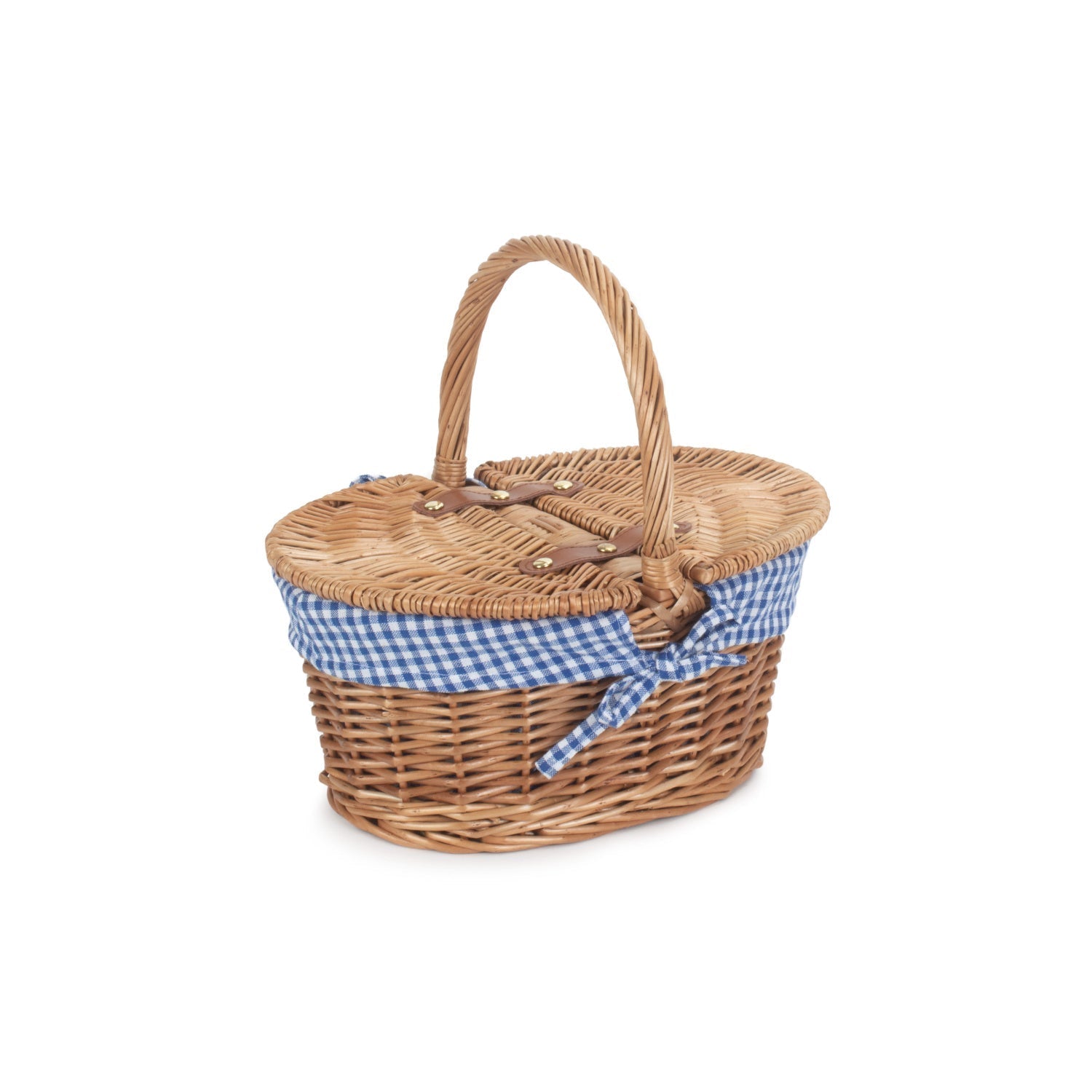 Child's Light Steamed Finish Willow Oval Picnic Basket with Blue & White Checked Lining - REGN