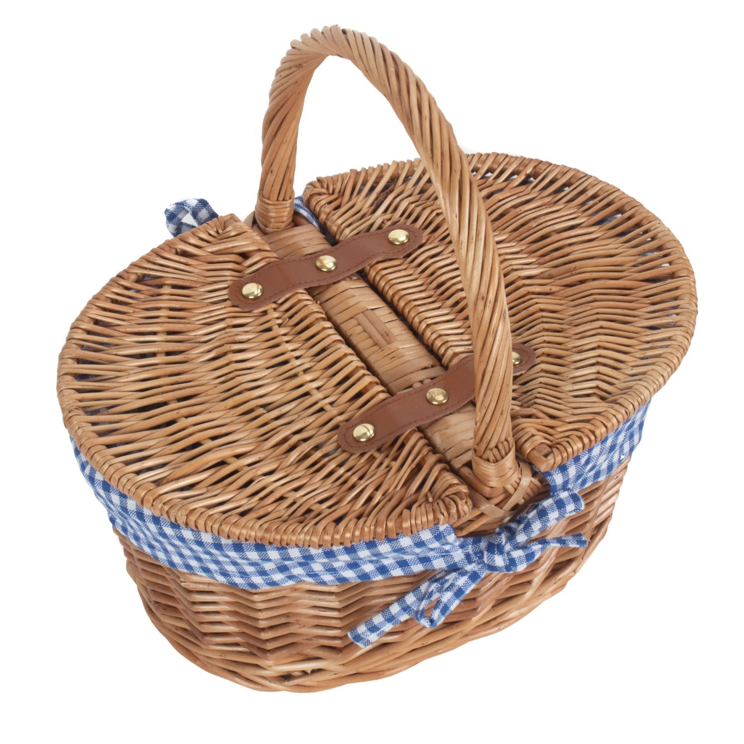 Child's Light Steamed Finish Willow Oval Picnic Basket with Blue & White Checked Lining - REGN