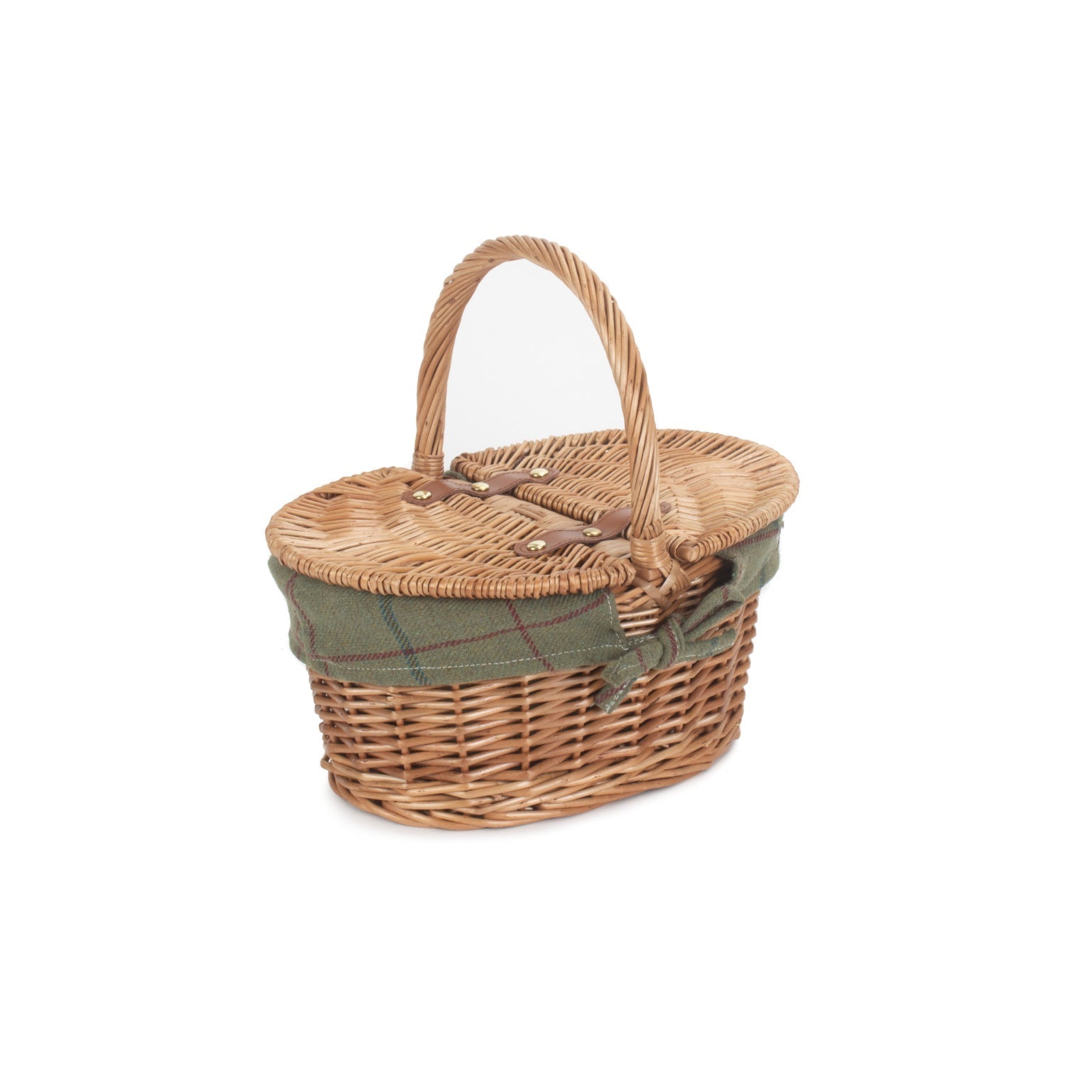 Child's Light Steamed Finish Willow Oval Picnic Basket with Green Tweed Lining - REGN