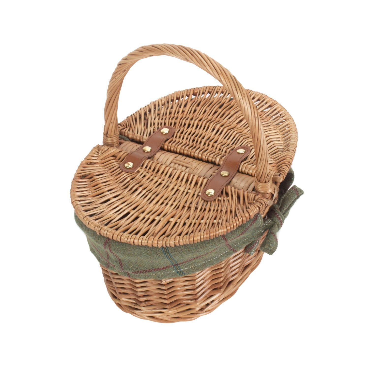 Child's Light Steamed Finish Willow Oval Picnic Basket with Green Tweed Lining - REGN