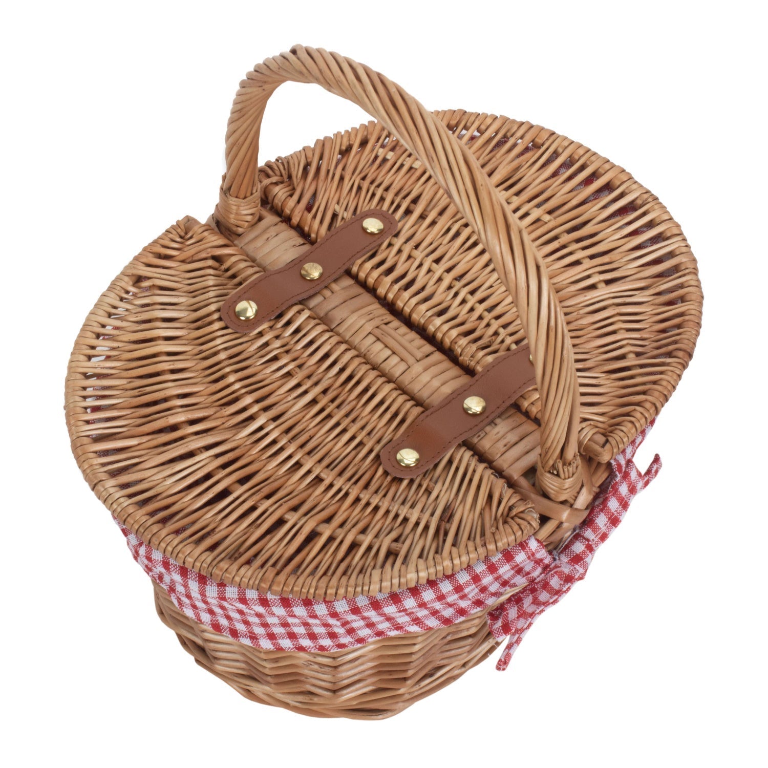 Child's Light Steamed Finish Willow Oval Picnic Basket with Red & White Checked Lining - REGN