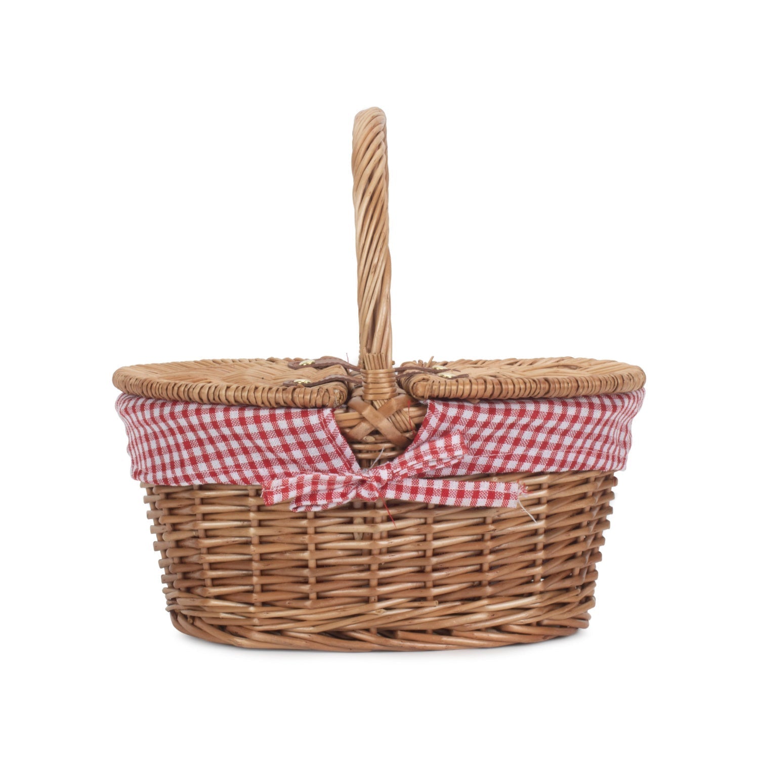 Child's Light Steamed Finish Willow Oval Picnic Basket with Red & White Checked Lining - REGN