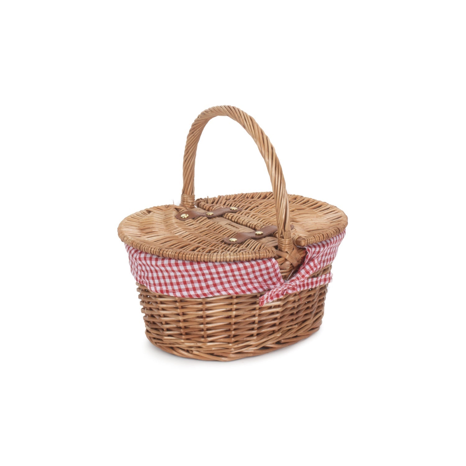 Child's Light Steamed Finish Willow Oval Picnic Basket with Red & White Checked Lining - REGN