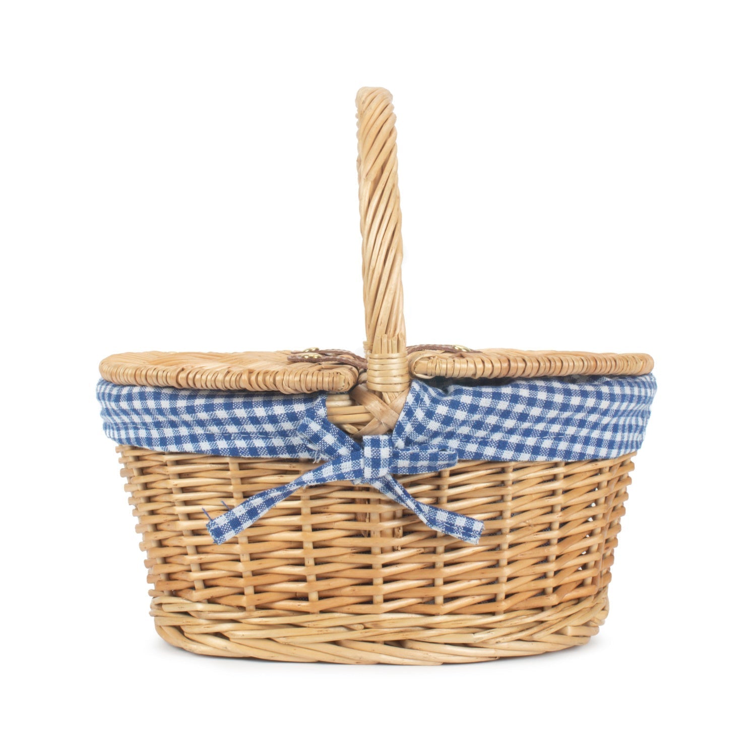 Child's Oval Lined Lidded Willow Picnic Hamper Basket with Blue & White Checked Lining - REGN