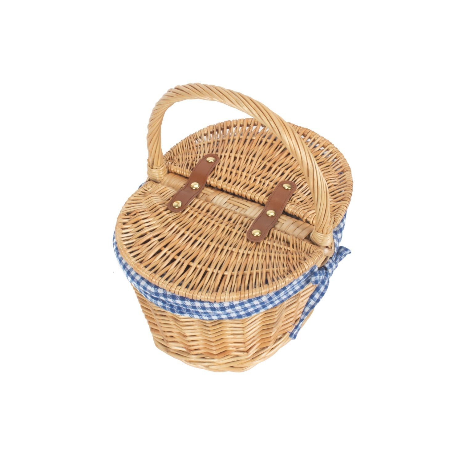 Child's Oval Lined Lidded Willow Picnic Hamper Basket with Blue & White Checked Lining - REGN